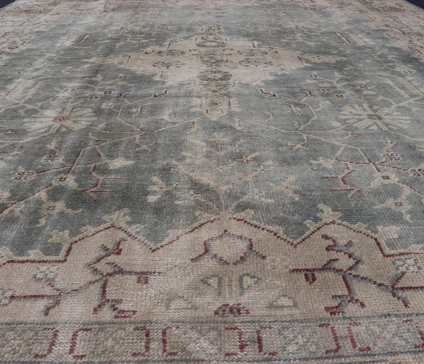 Antique Turkish Oushak Rug With Medallion With Light Gray-Blue, Cream, and Brown