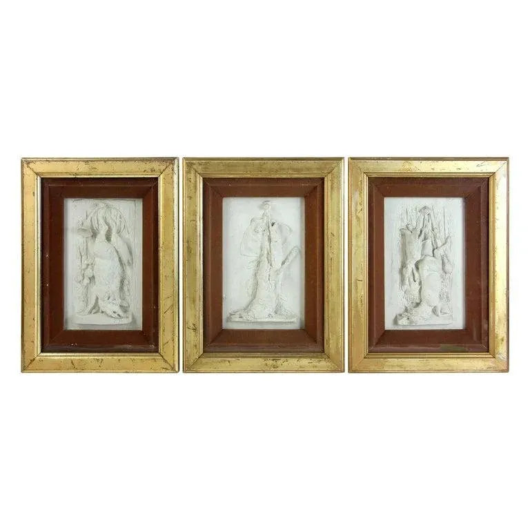 Early 20th Century Decorative Hunting Motif Framed Plaster Reliefs - Set of 3