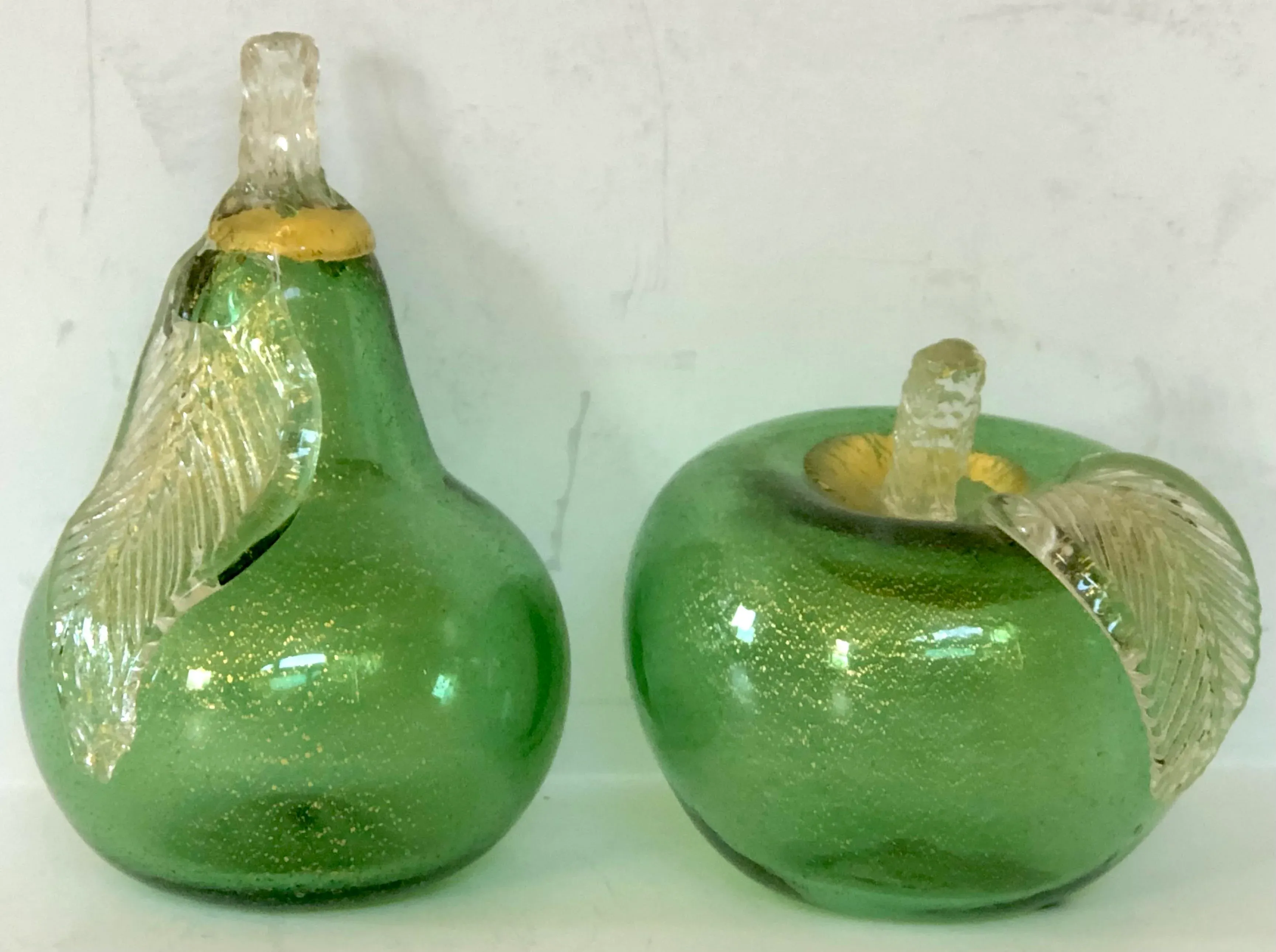 Pair of Green Alfredo Barbini Italian Mid Century Murano Fruit