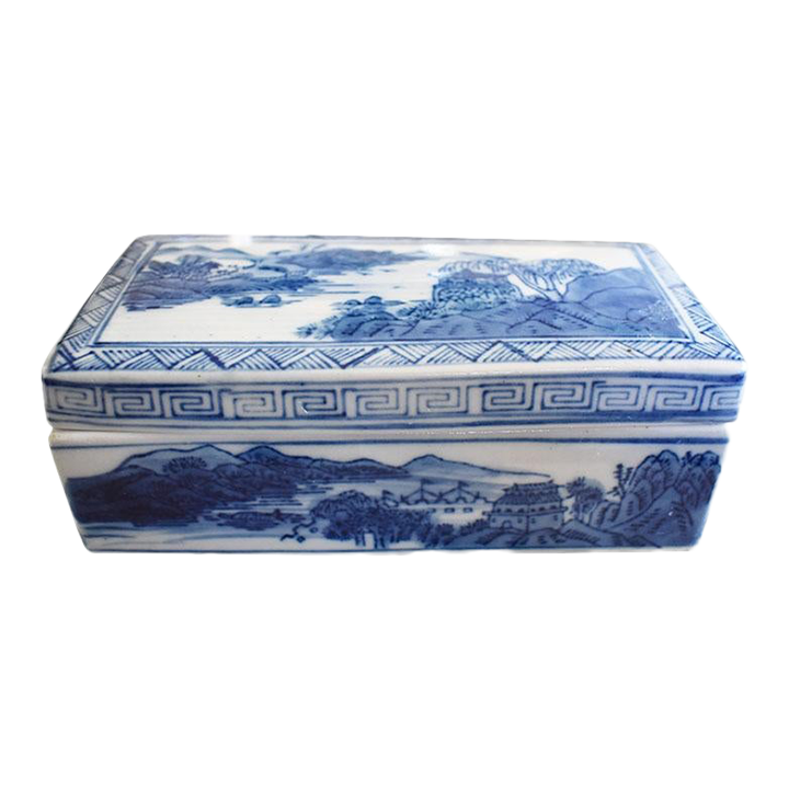 Chinoiserie Blue and White Divided Ceramic Decorative Box With Lid