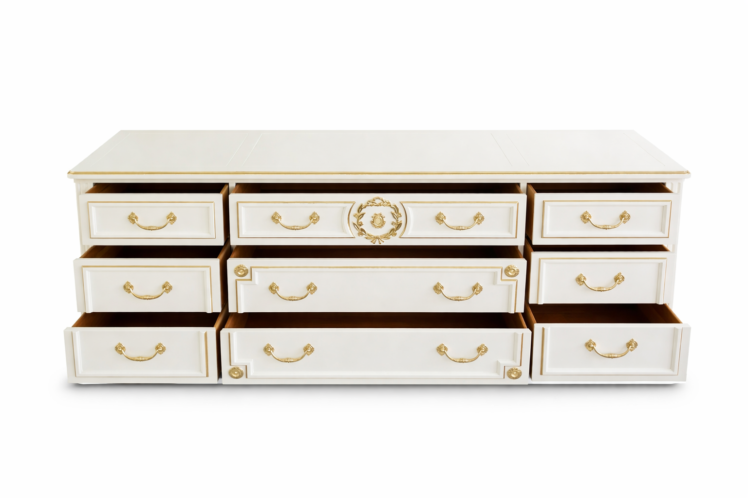 1960s Baker Hollywood Regency Lacquered Dresser in Sweet Coffee With Gold  Leaf  9 Drawer Statement Piece