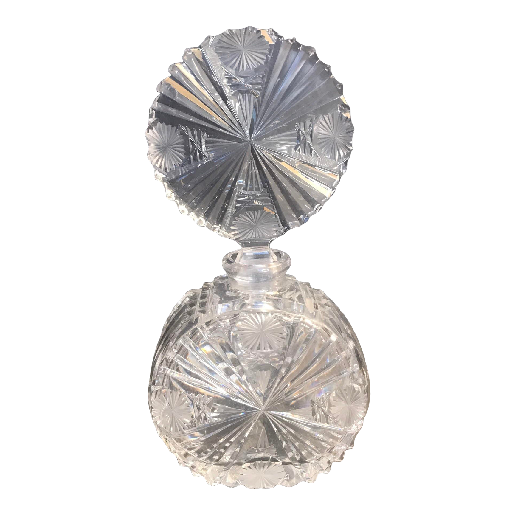 Art Deco Crystal Perfume Bottle, Sun Shape, Stamped. Czechoslovakia