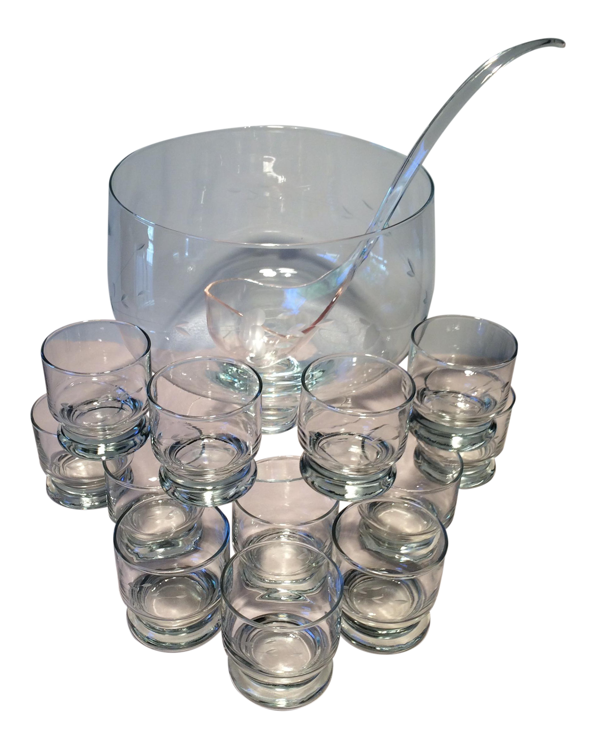 Vintage Etched Crystal Punch Bowl & Ladle With Glasses Set of 14