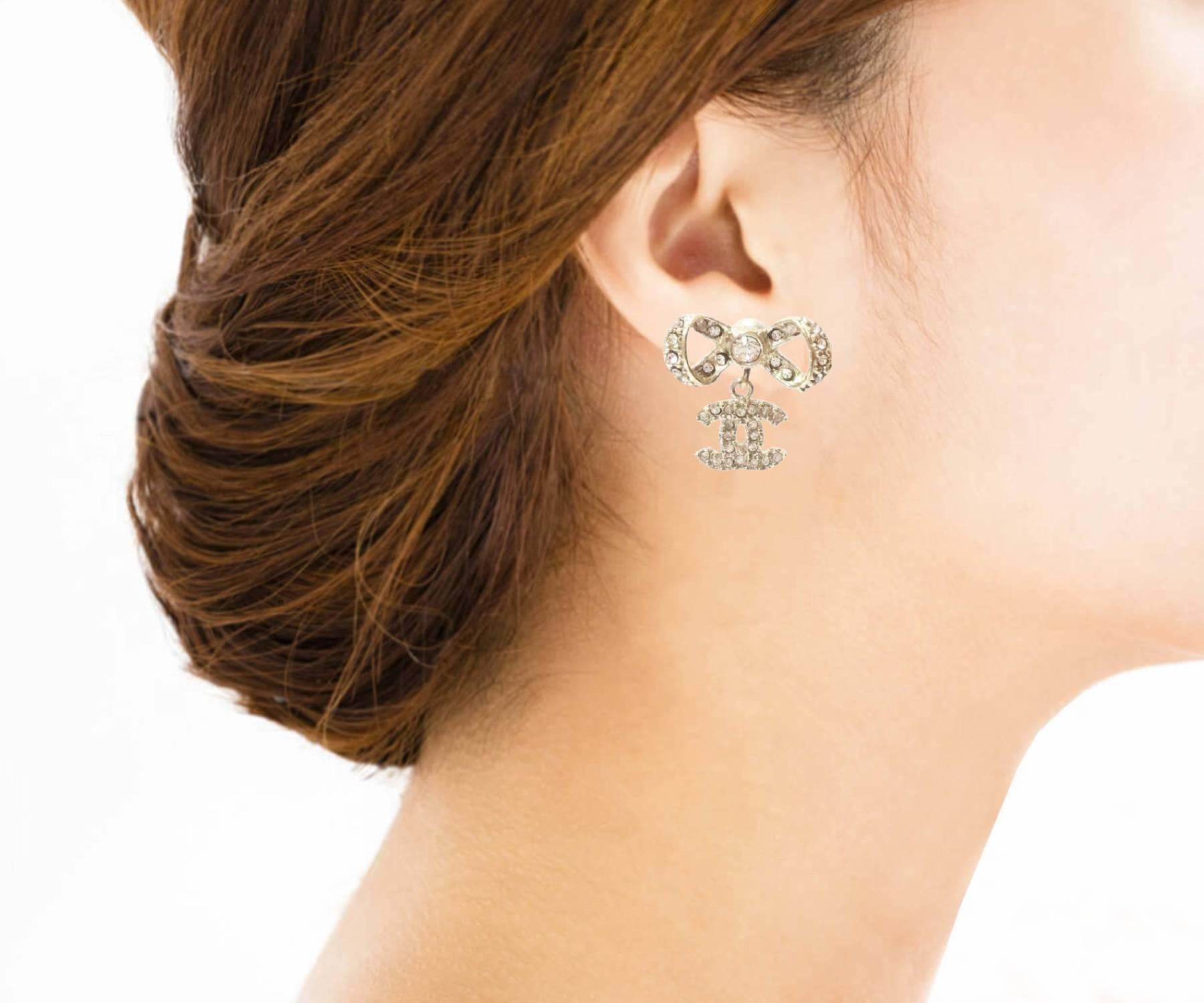 Chanel Light Gold Ribbon Bow CC Crystal Piercing Earrings 2 Pieces Chairish