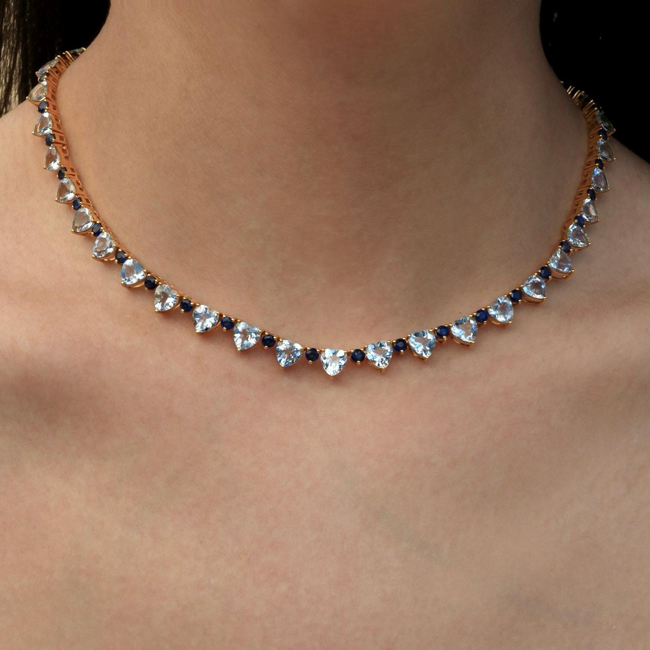 Nina Zhou Heart Aquamarine Sapphire Diamond Tennis Necklace
