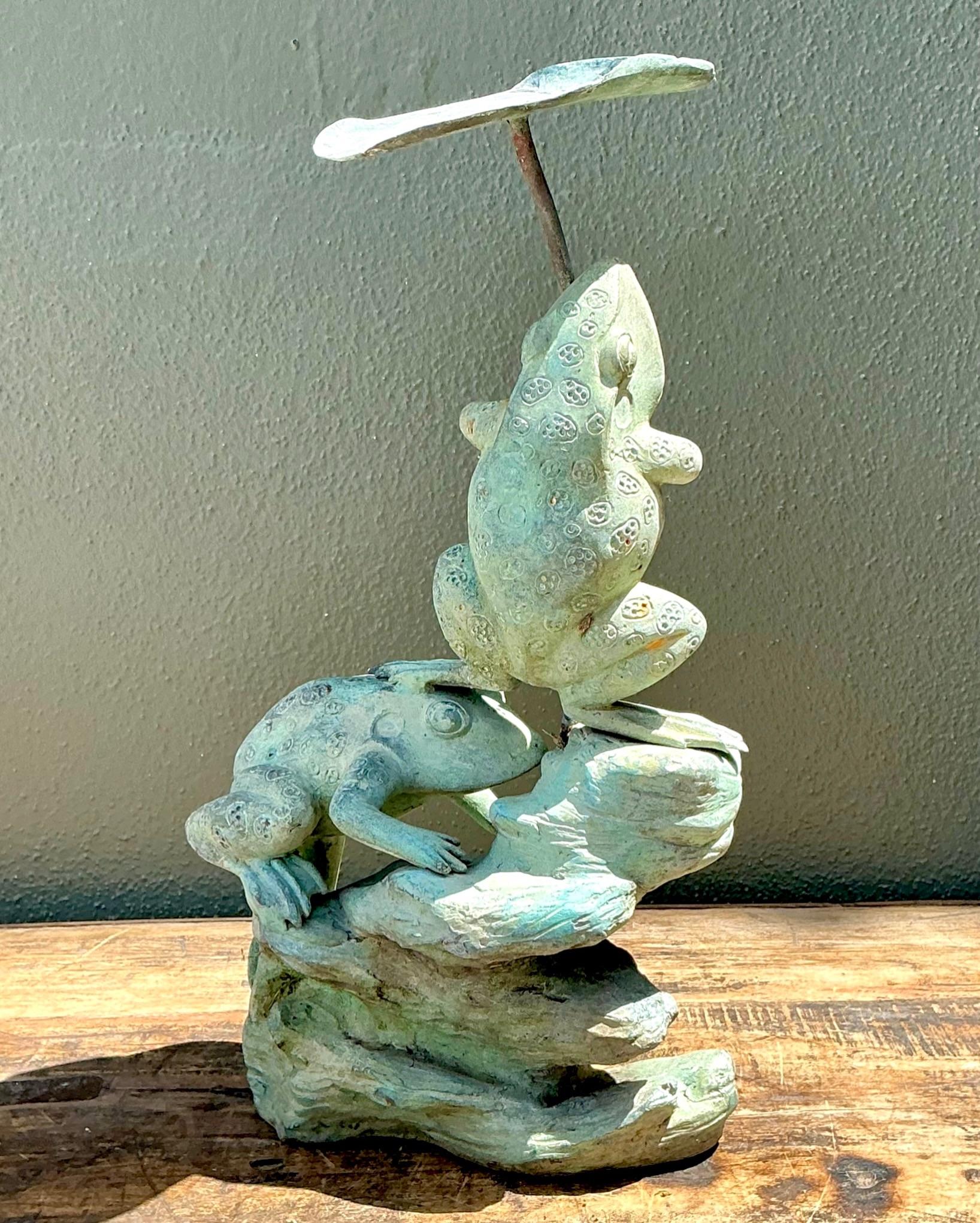 Vintage Patinated Verdigris Garden Frogs Sculpture