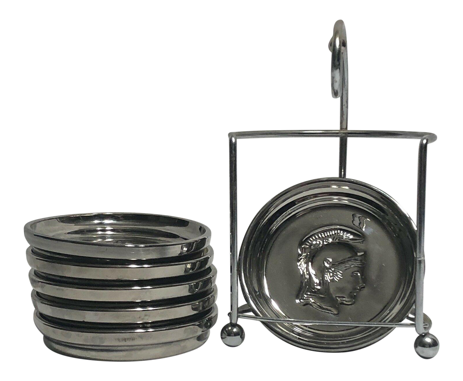 Mid Century Hollywood Regency Chrome Spartan Coasters With Holder Set