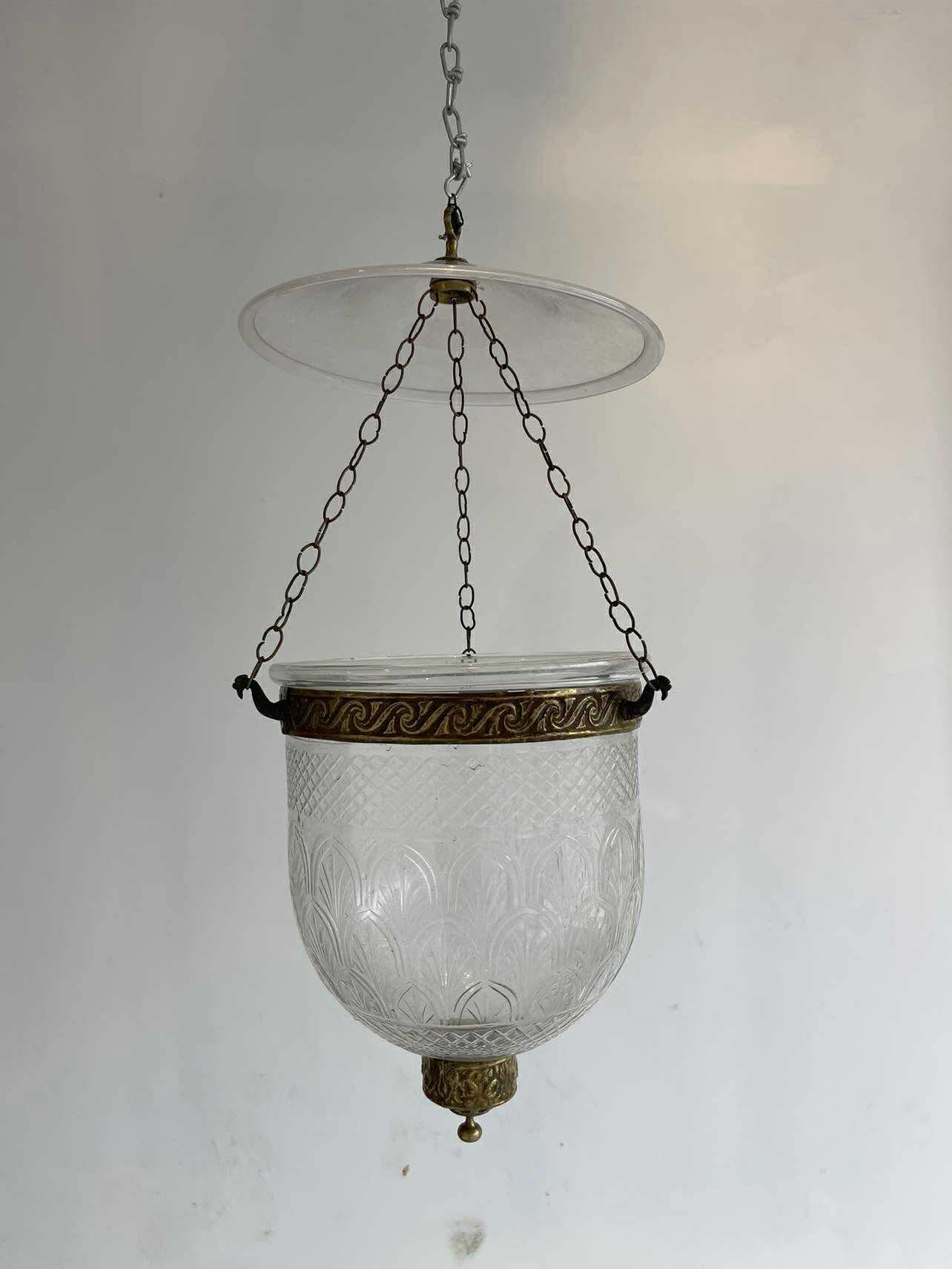 Antique Colonial Hundi Bell Jar Hanging Brass \u0026 Clear Blown Glass Lantern |  Chairish, image size:1284x1712