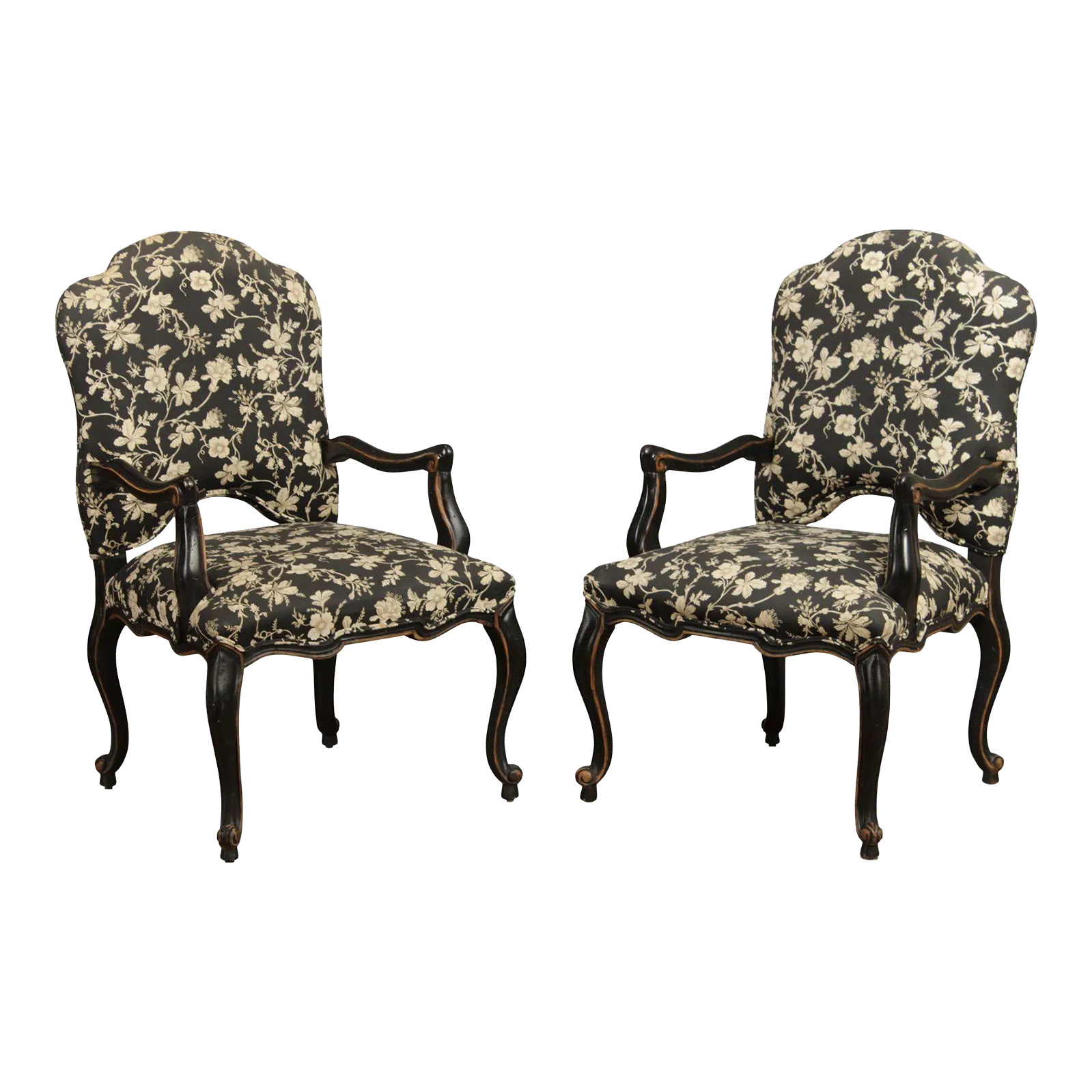 Vintage Italian Louis XV Style Ebonized Armchairs - A Pair