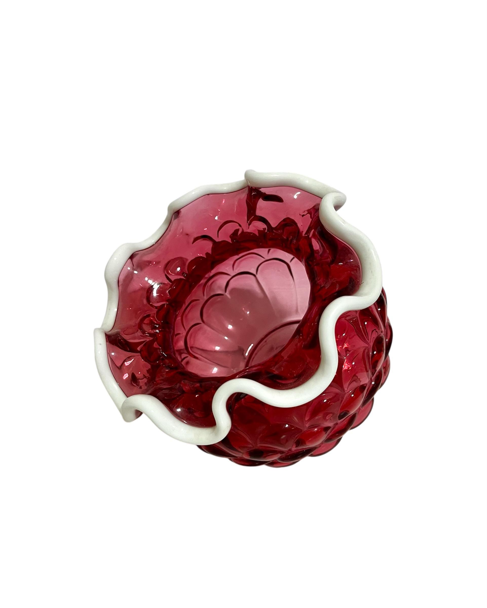 Late 20th Century Fenton Cranberry Glass Vase Jacqueline Pattern With Milk Glass Rim