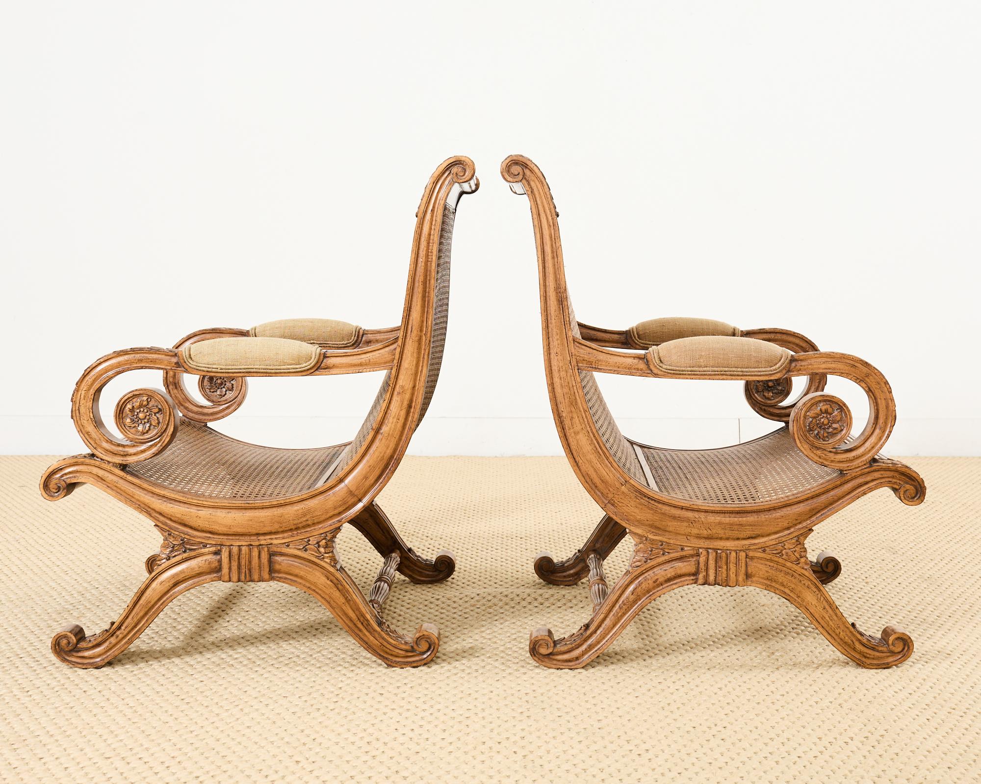 Pair of British Colonial Style Carved Caned Plantation Chairs, image size:2000x1600