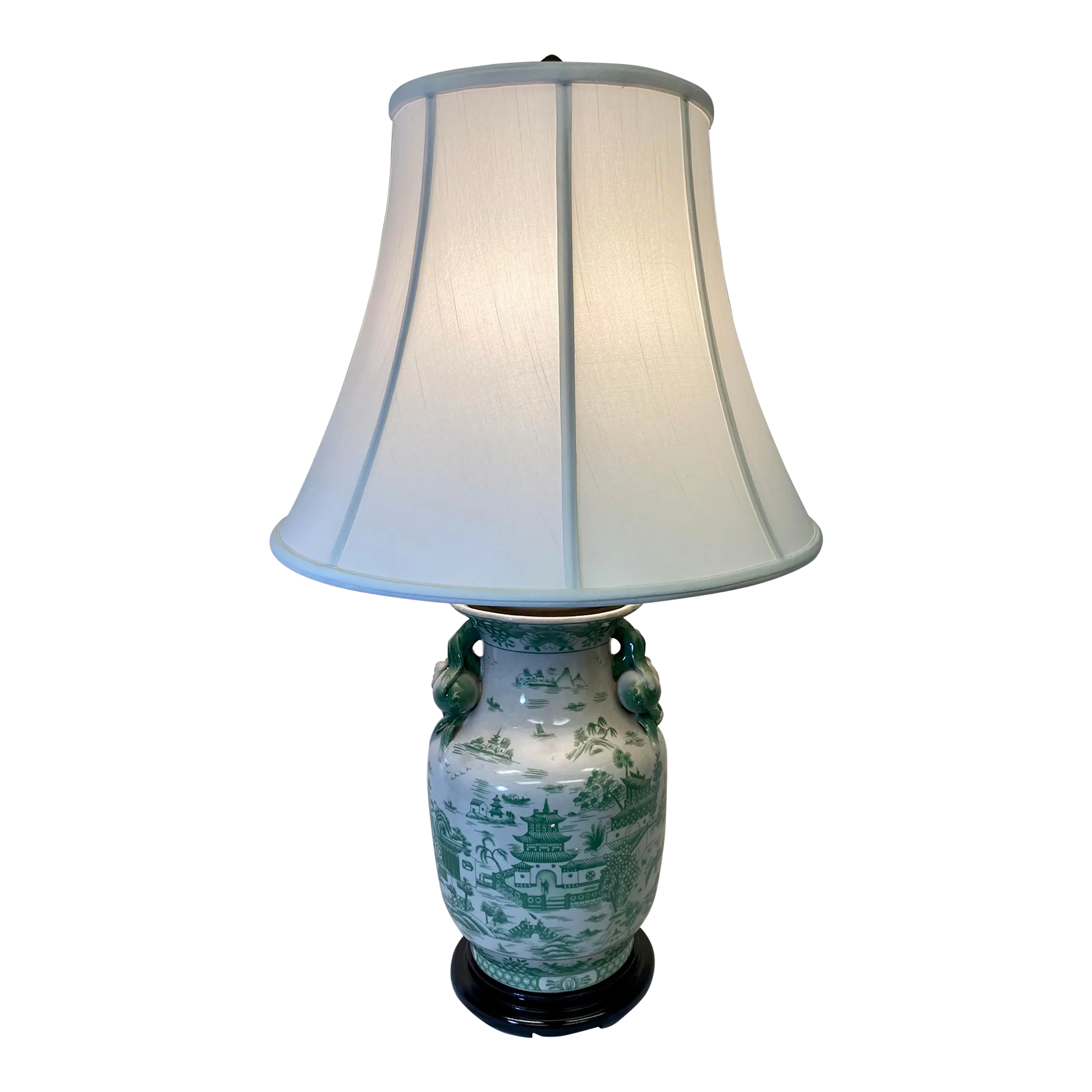 Handled Porcelain Jar Vase Table Lamp on Wooden Base Decorated in a Soothing Green Asian Landscape Scene With White Lampshade