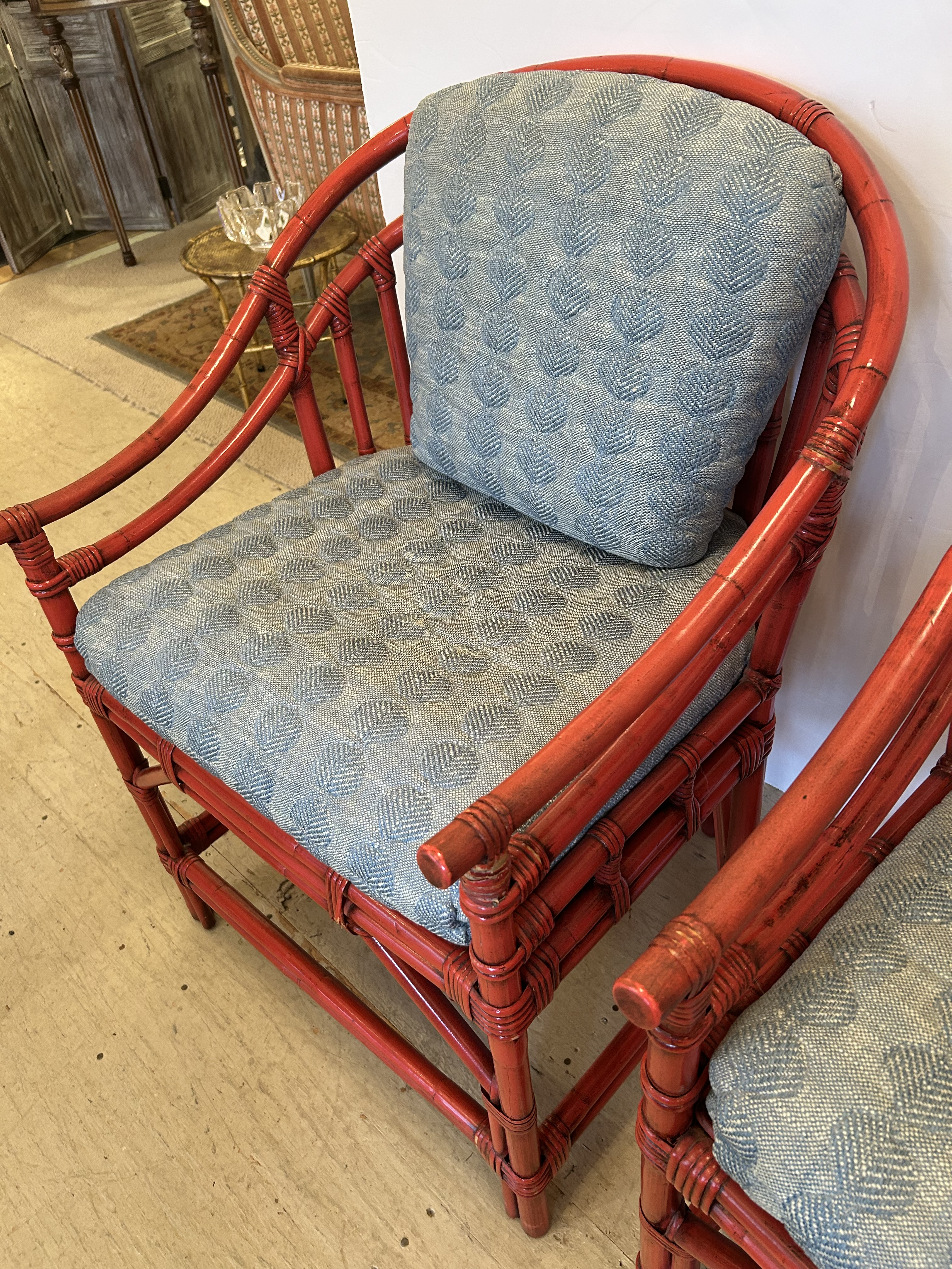 Red Coral Bamboo Rattan Club Chairs With Custom Cushions -a Pair