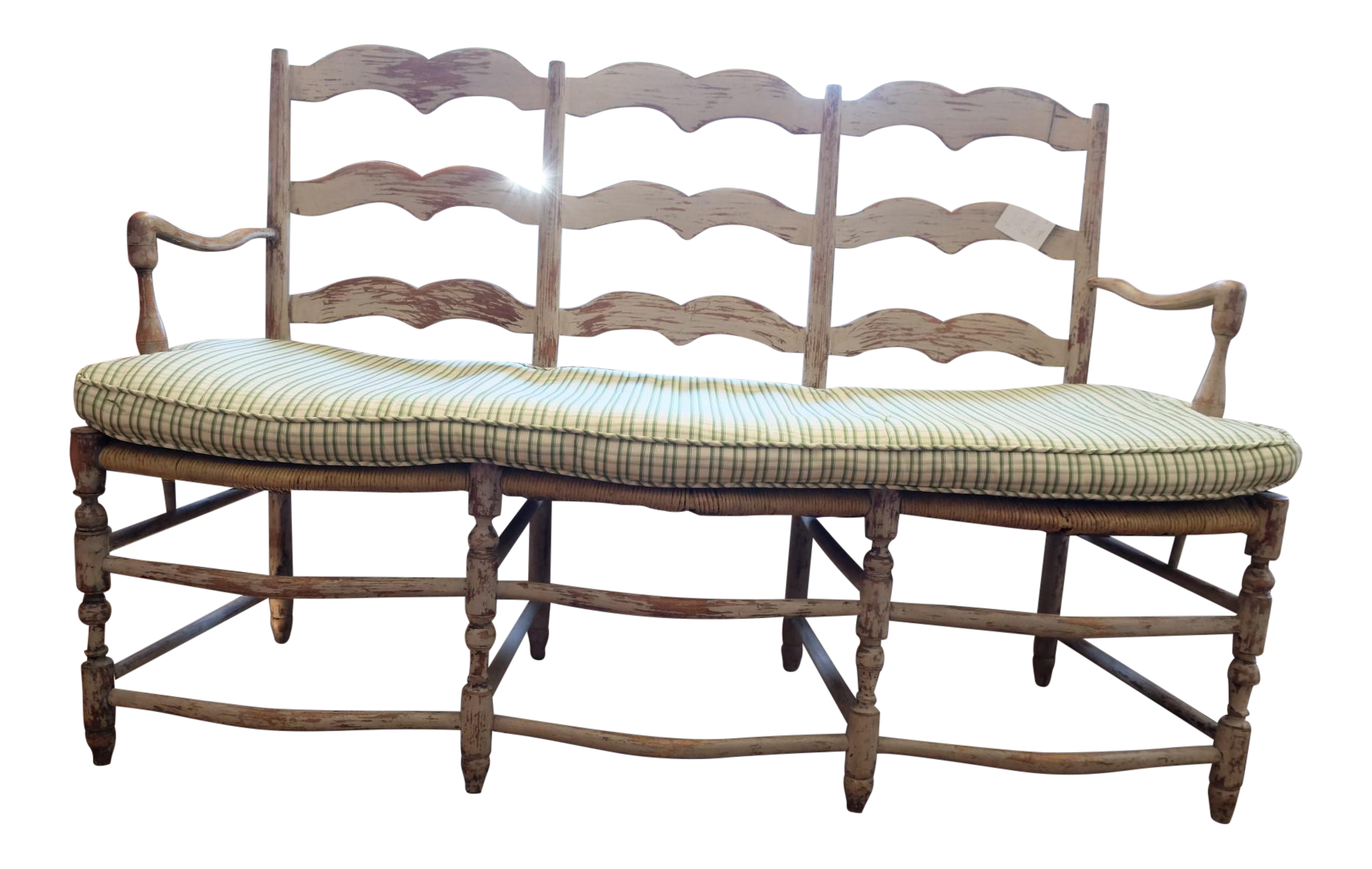 Charming French Distressed Bench with Cushion Chairish