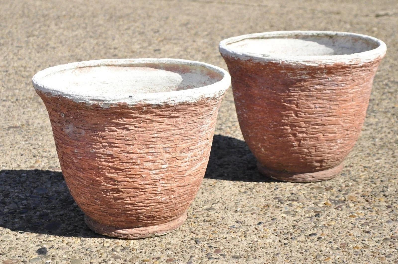 Vintage Red Distress Paint Fiberglass Round Garden Planter Pots Faux Stone  Pair