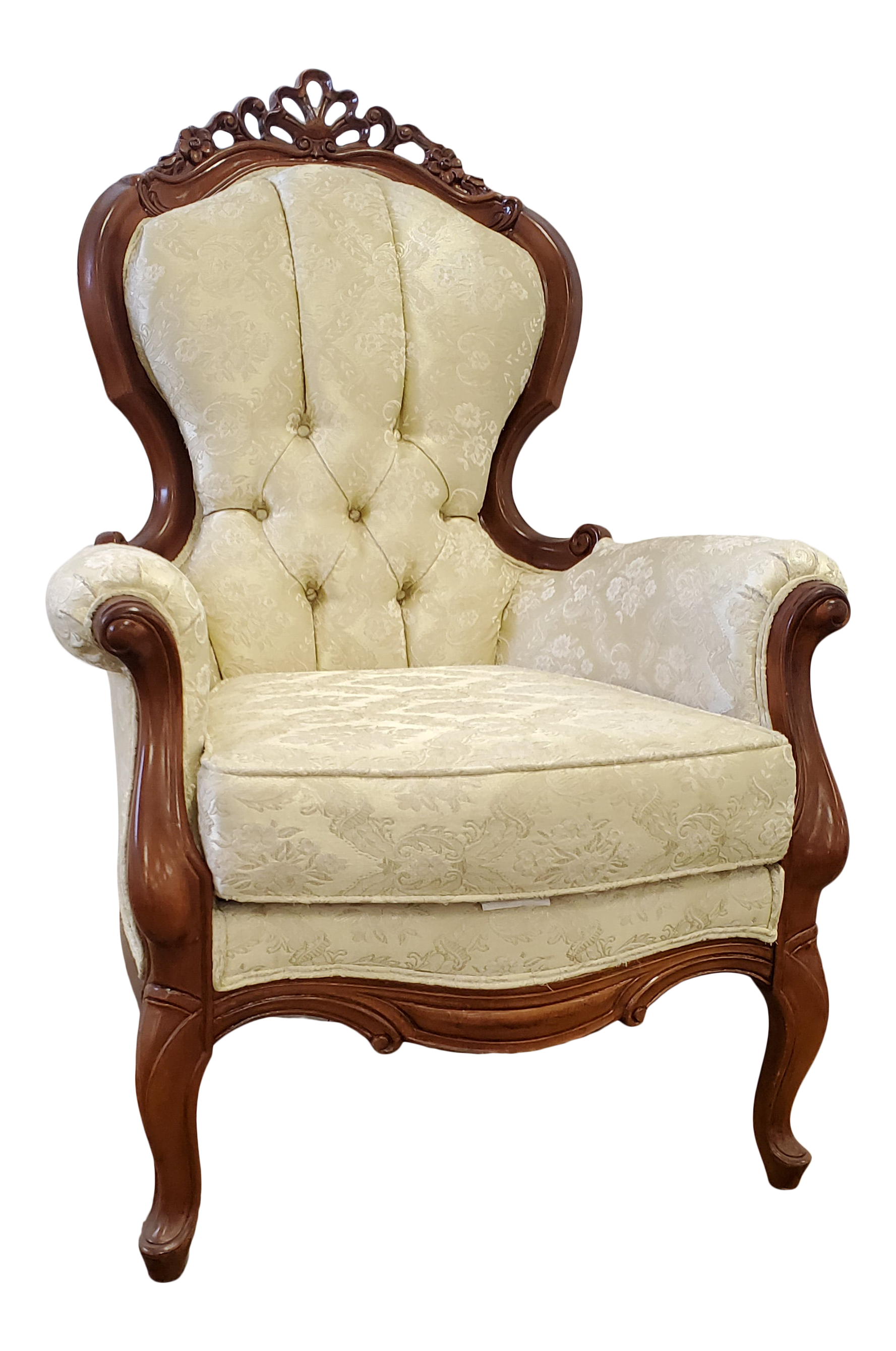 Vintage Victorian Carved Wood Ivory Brocade Tufted Wingback Chair Chairish