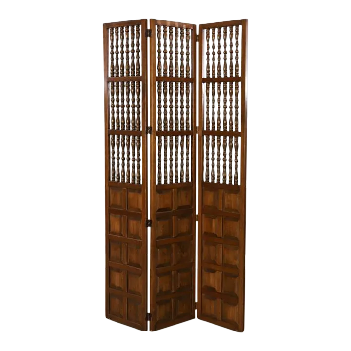 Mid Century Modern Walnut 3Panel Room Divider With Spindle and Panel