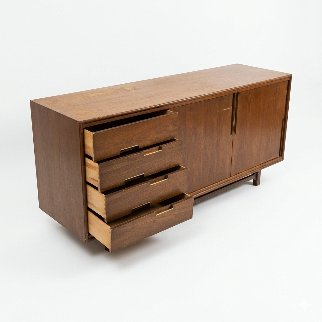 Cavalier Furniture Vintage Mid Century Modern Brass and Walnut Lowboy  Dresser C. 1960s, Attributed