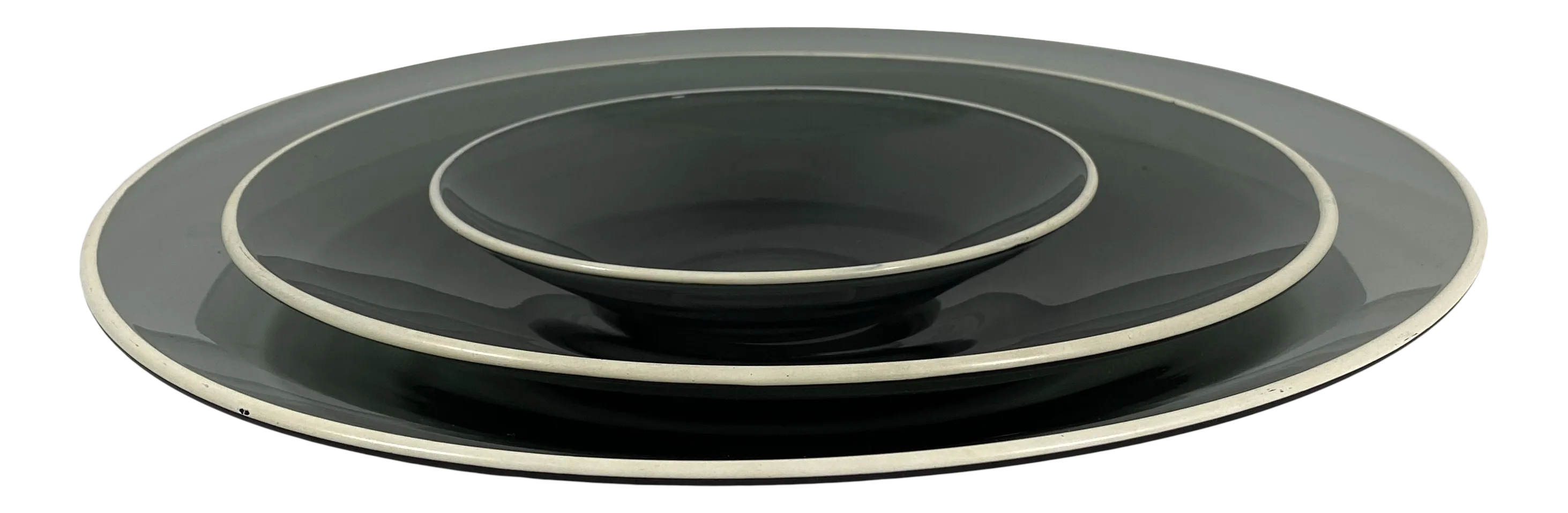 Mid-Century Modern Smoked Glass With Painted Stripe Serving Dishes- Set of 3