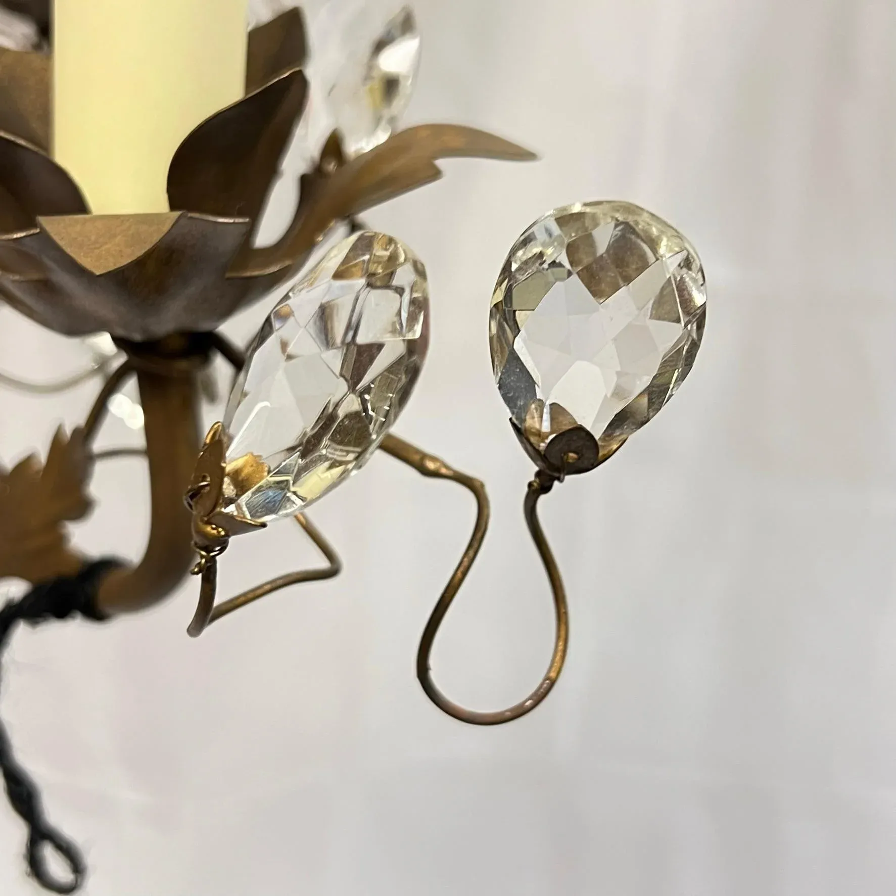 Vintage Bagues Style Patinated Metal and Glass Three-Light Chandeliers - A Pair