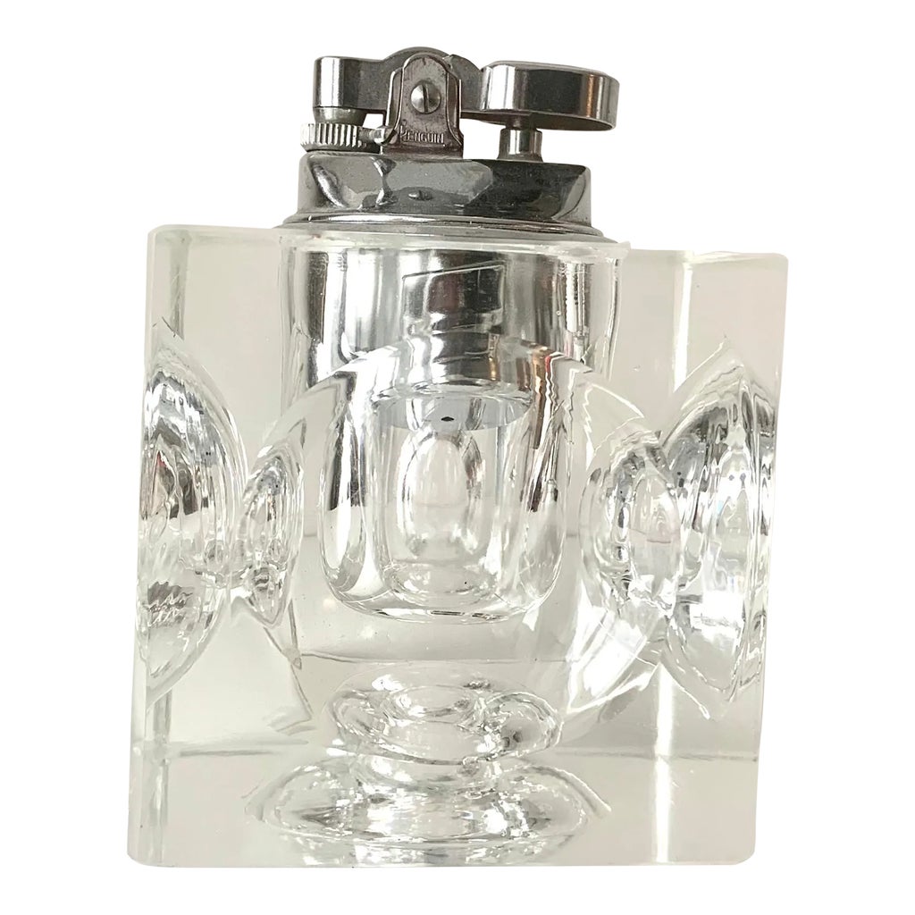 Vintage Large Square Modern Contemporary Refillable Crystal Table Lighter