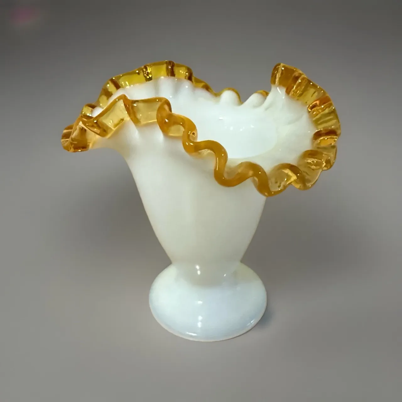 Vintage Fenton Milk Glass Amber Gold Crest Trumpet Vase Crimped