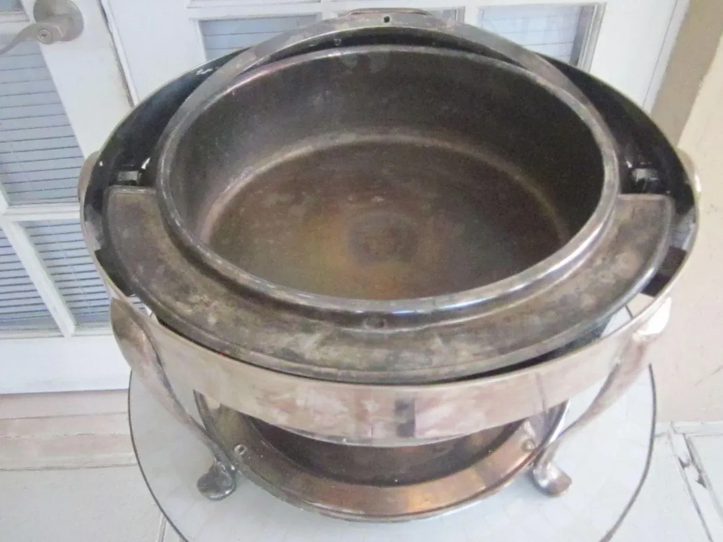 1960s Antique Silver Plated Round Chafing Dish With Stand and Burner