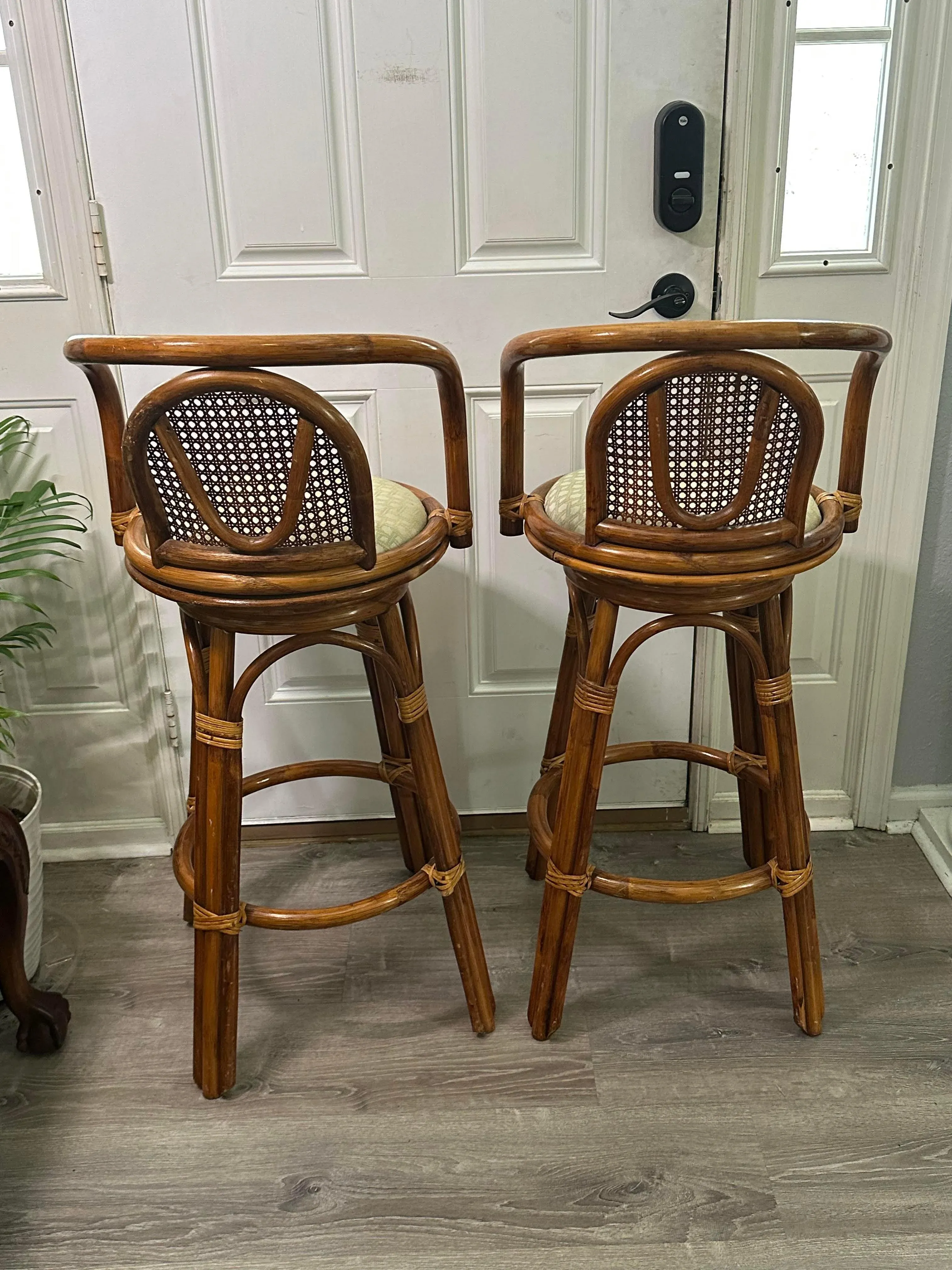 1960s Mid-Century Modern Upholstered Bamboo Swivel Bar Stools