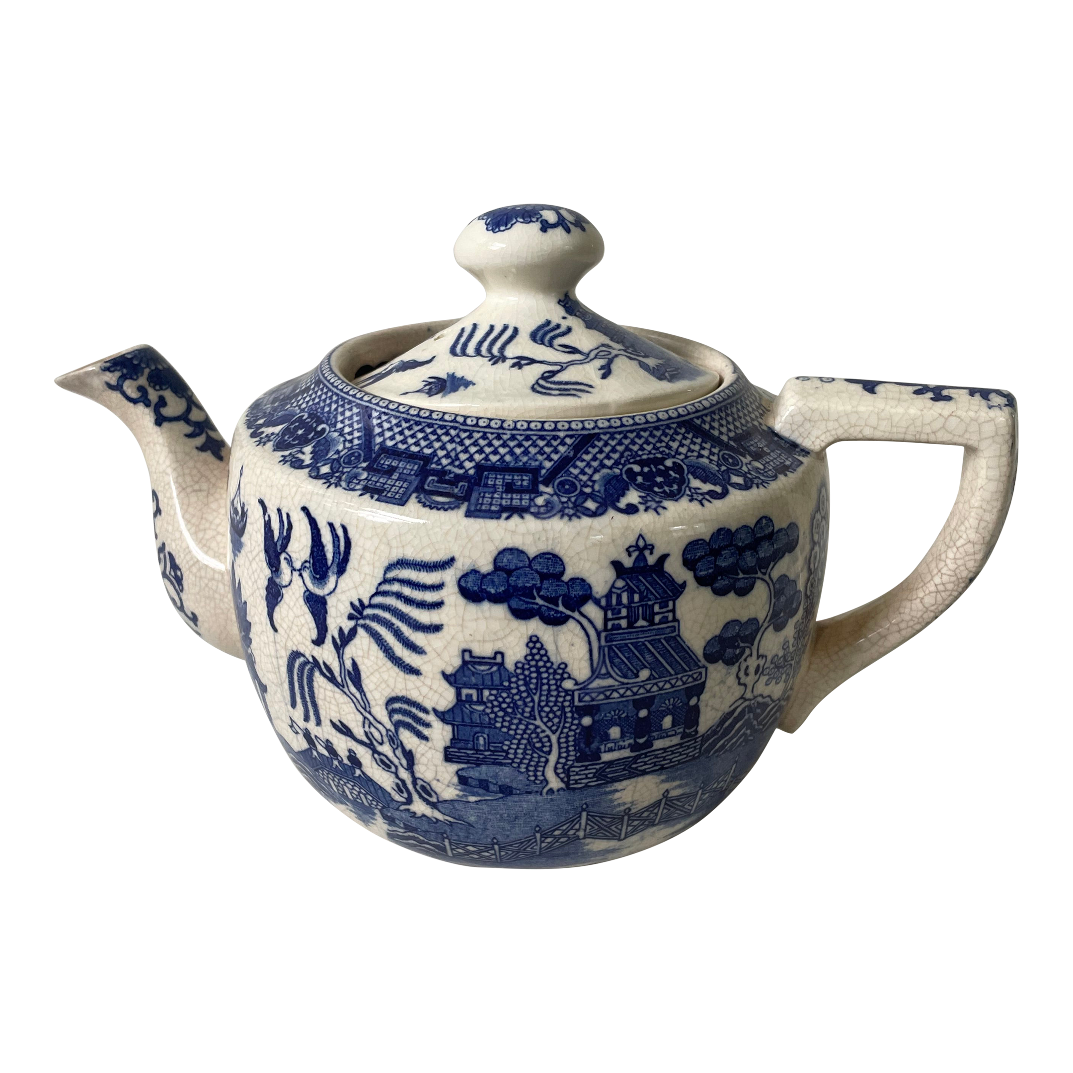Early 20th Century Large Blue Willow Tea Pot Chairish