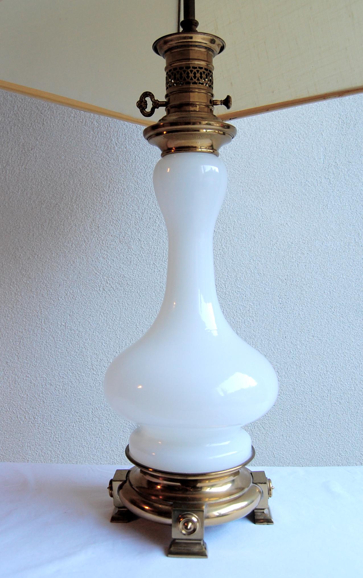 Milk Glass & Brass Two Socket Lamp | Chairish