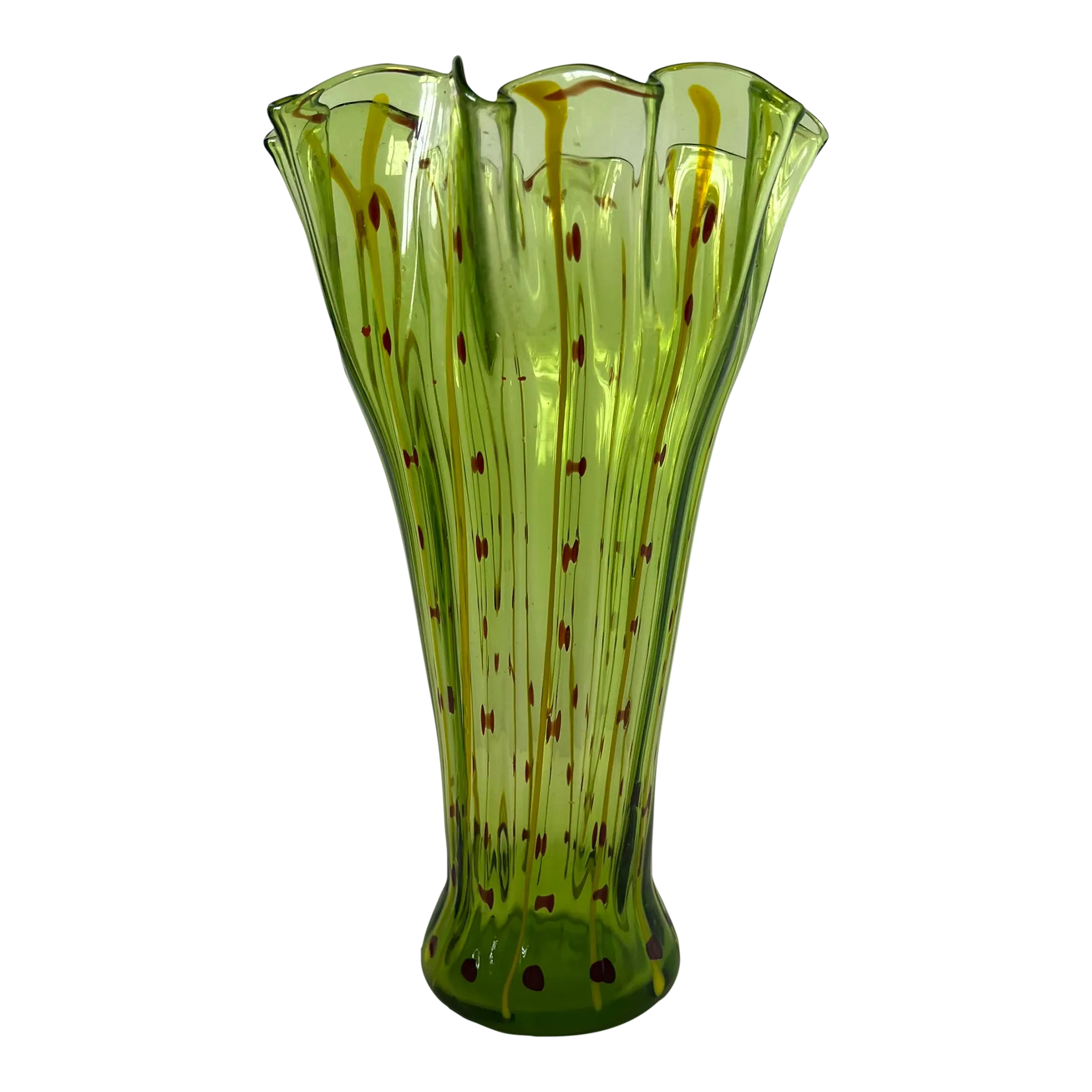 Vintage Art Glass Green Yellow Striped Vase