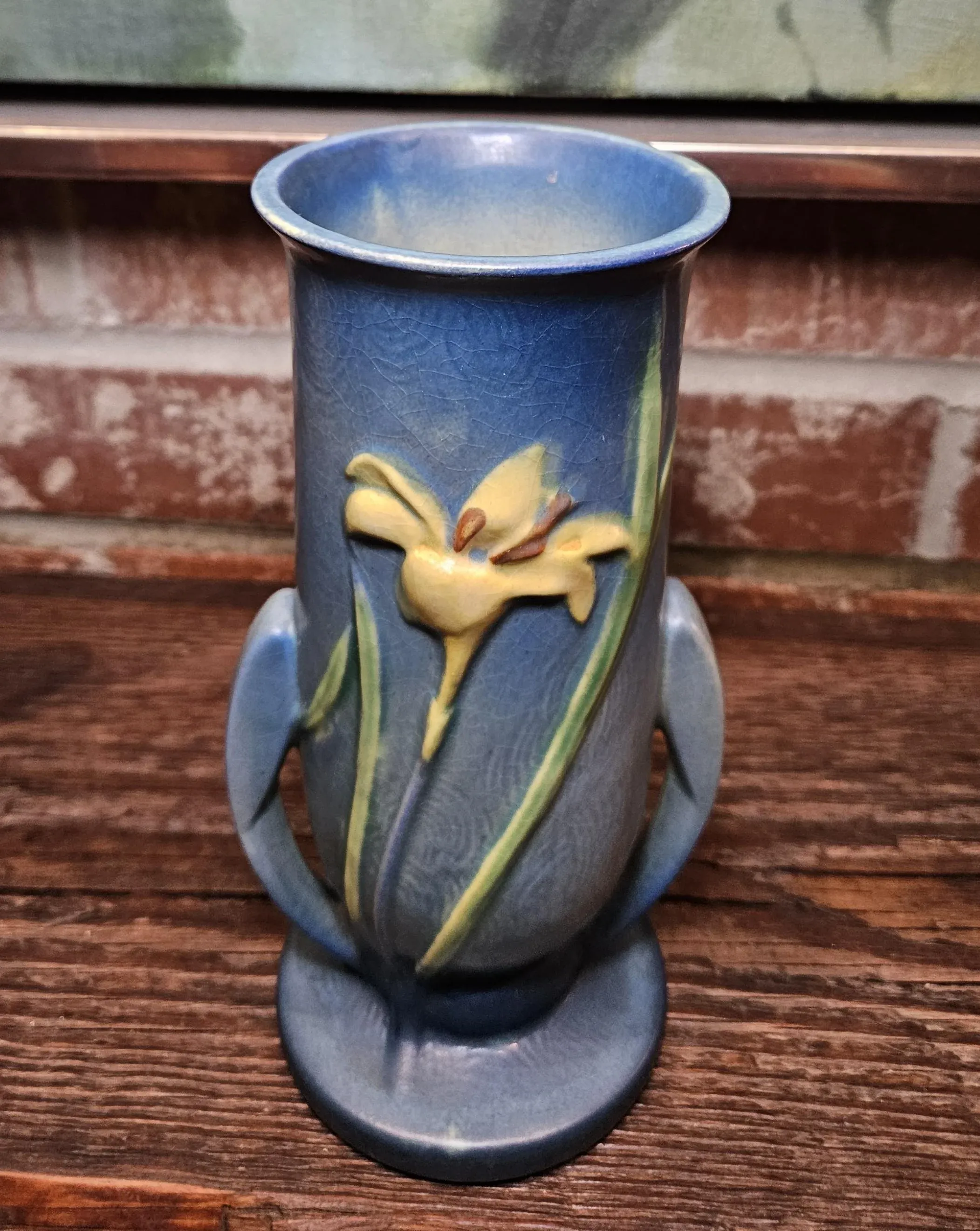 1940s Roseville Bermuda Blue “Zephyr Lily”, Double Handled Vase