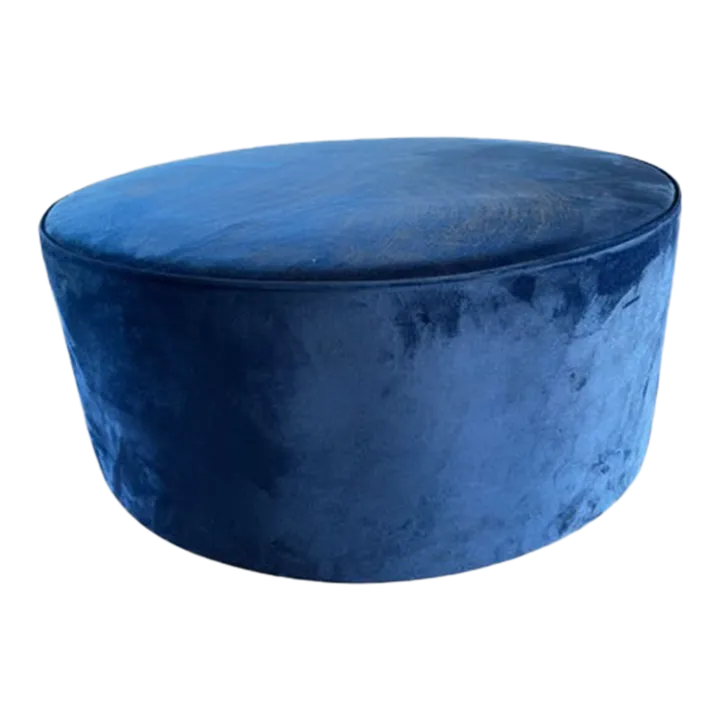 Large Round Blue Velvet Ottoman | Chairish