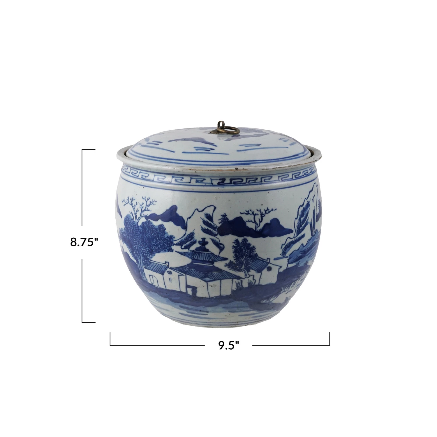 Hand Painted Stoneware Reproduction Ginger Jar W/ Landscape & Brass Ring