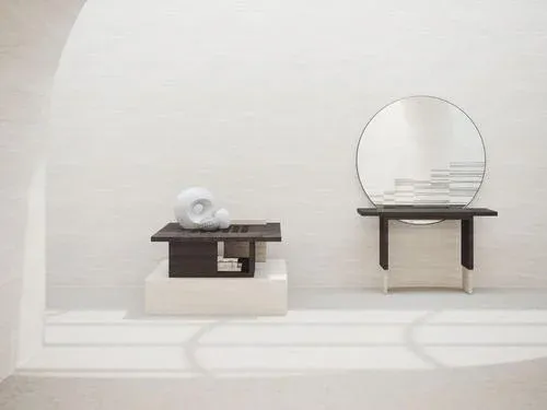 Roma Minimalistic Console in Black Oak and Light Beigetravertine by Ultramobili