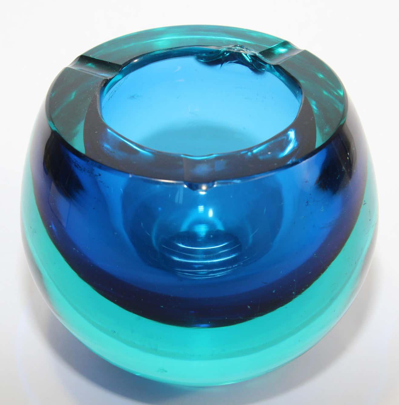 Vintage Murano Sommerso Orb Blue Art Glass Ashtray | Chairish
