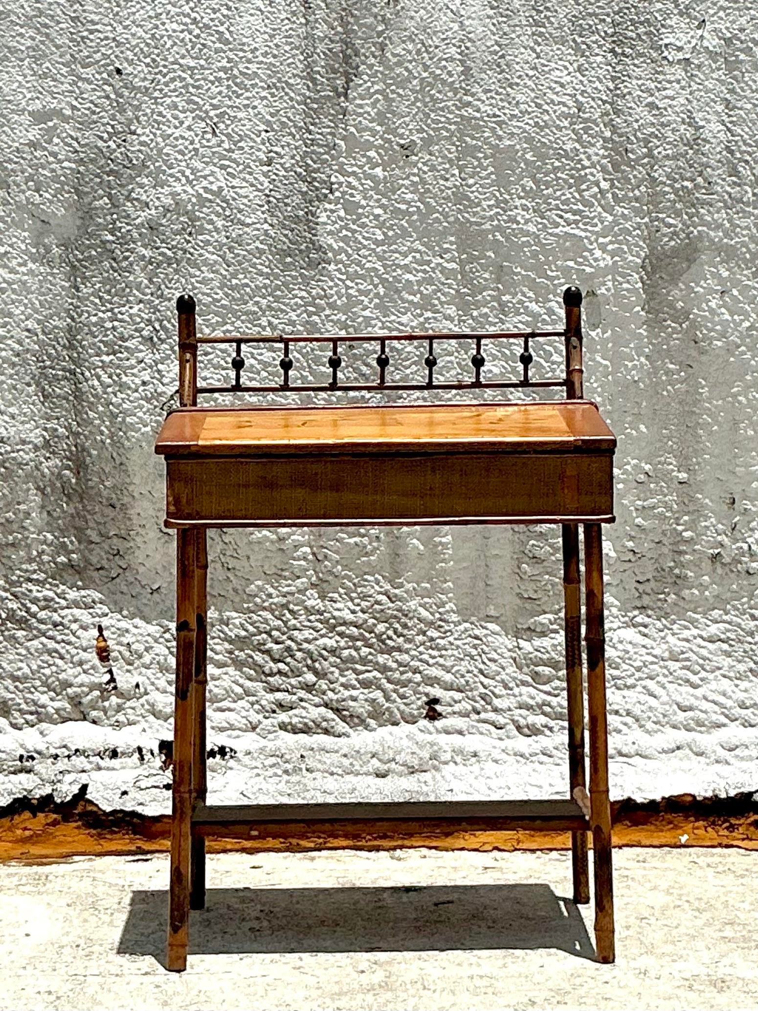 Vintage Boho Rattan Lift Top Desk | Chairish