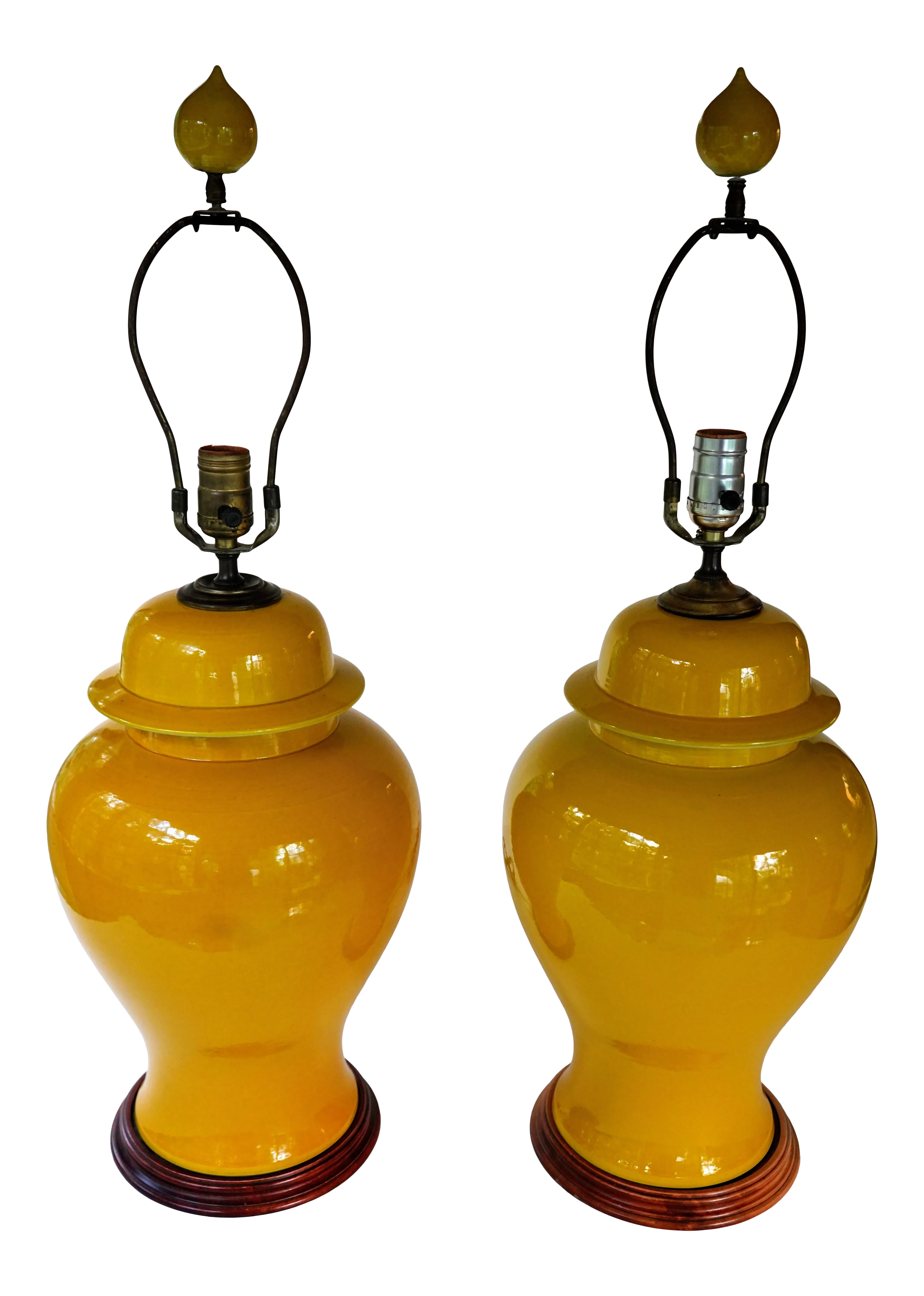 Mid Century Marigold Yellow Ginger Jar Lamps With Matching Finials