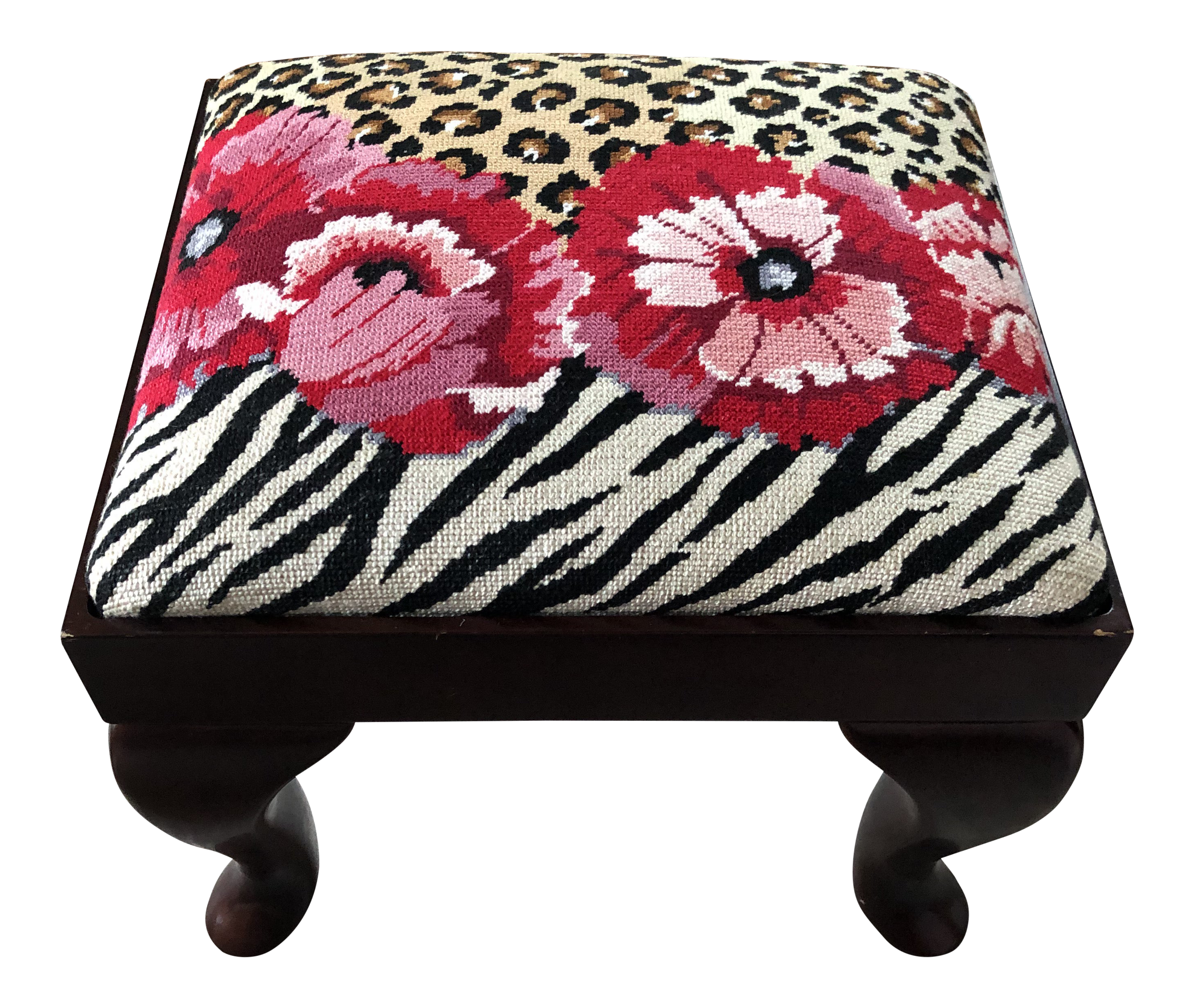 Custom Made Needlepoint Footstool With Wood Frame Chairish