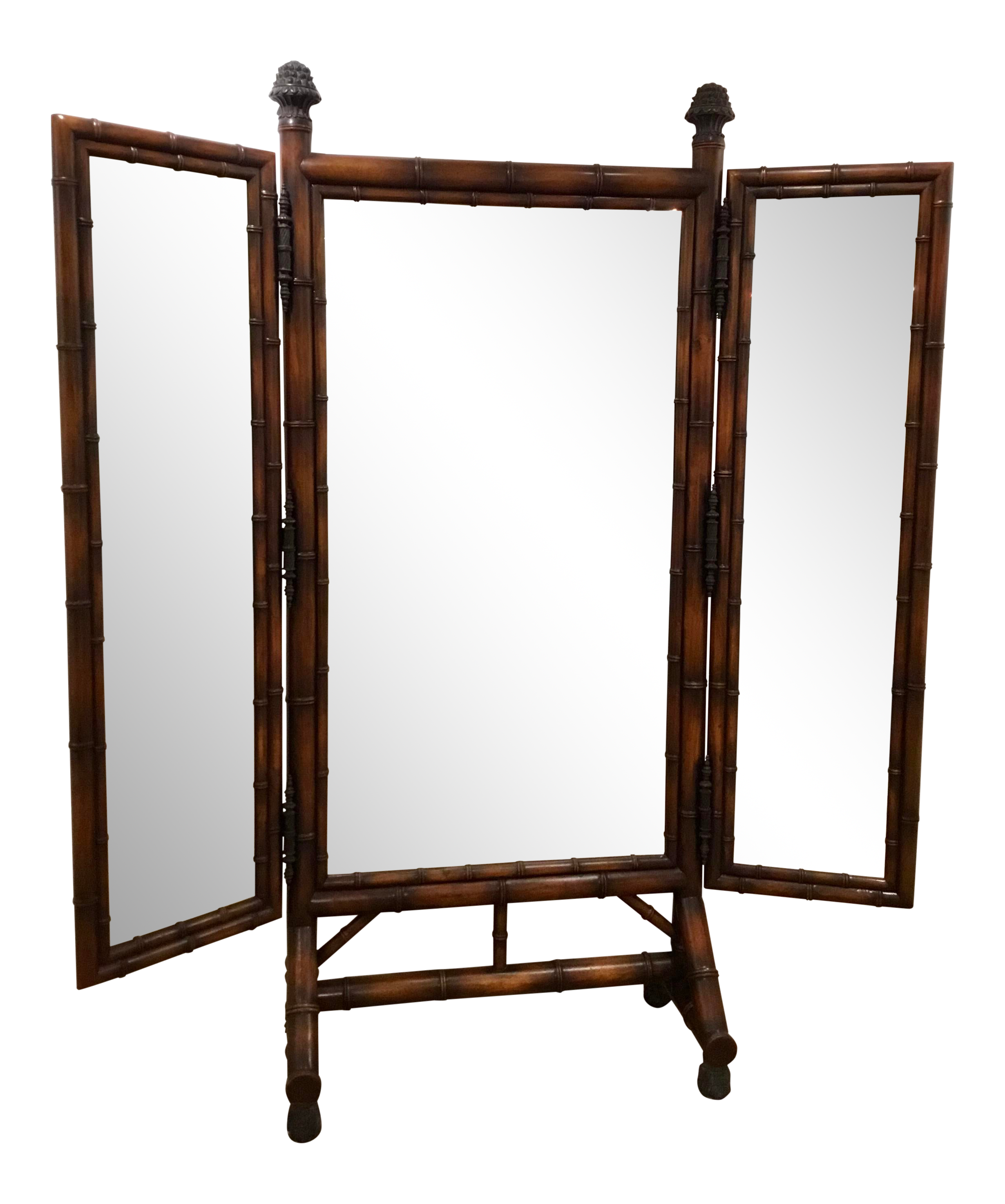 Vintage Theodore Alexander Asian Mahogany Standing Trifold Cheval