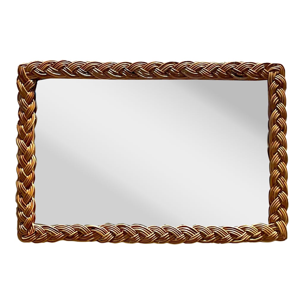 Vintage Coastal Braided Rattan Horizontal Mirror | Chairish