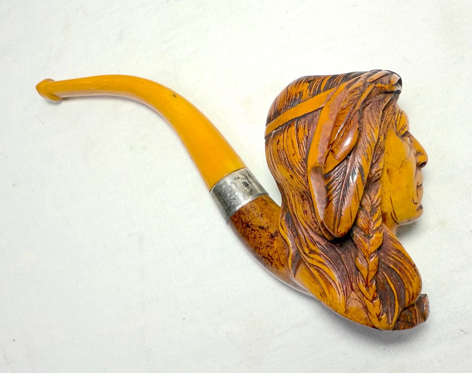 indian tobacco pipe Antique 19th Century Hand Carved Meerschaum Sterling Indian Chief Smoking  Pipe