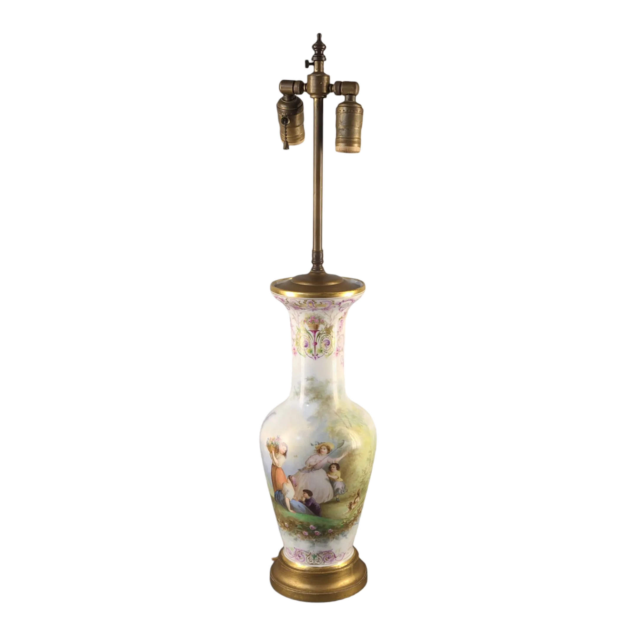 Antique Late 19th Century French European Hand Painted Figural Maidens Fine Porcelain Garden Scene Table Lamp
