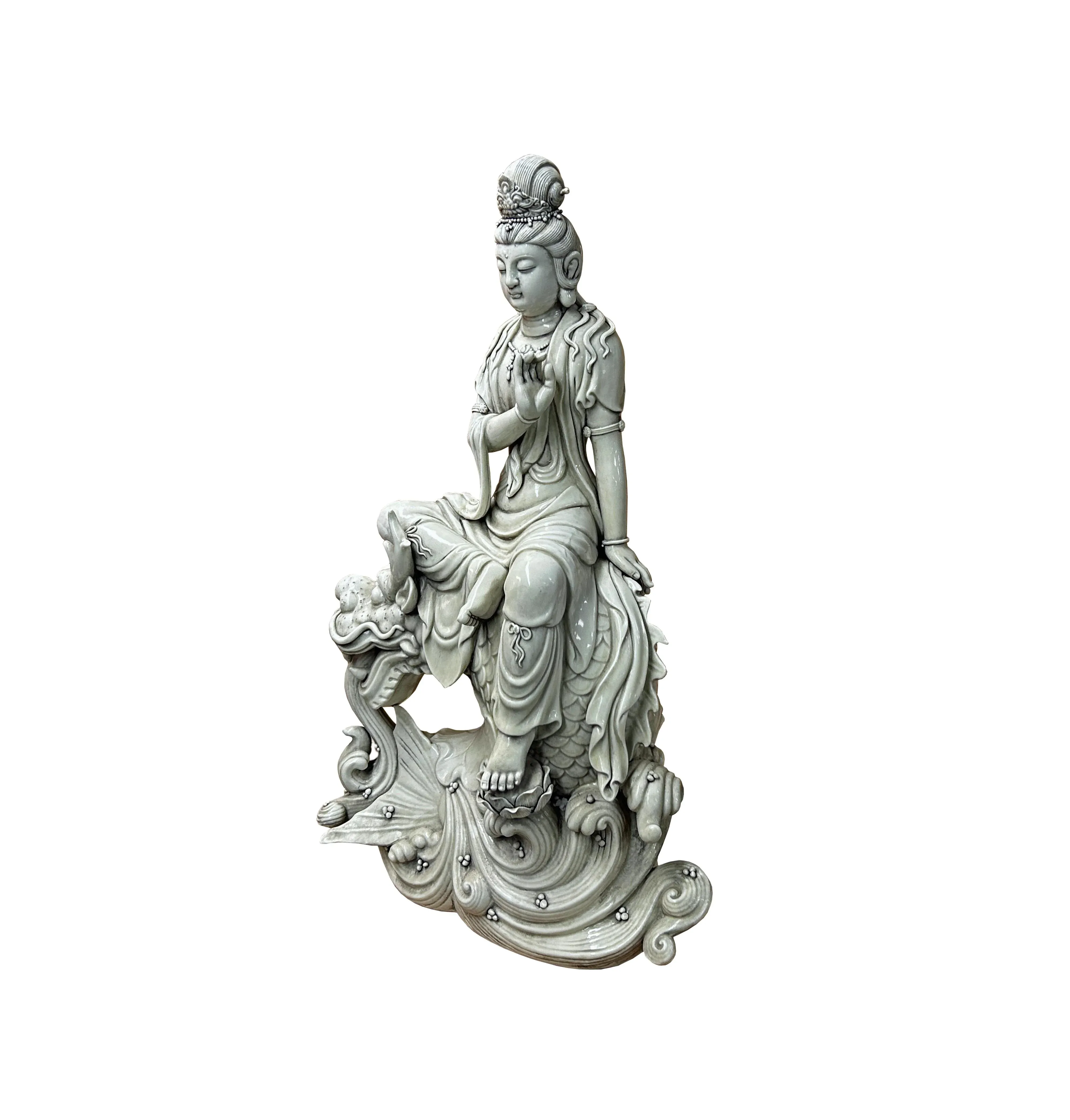 Chinese Handcrafted GuanYin Bodhisattva on Dragon White Porcelain Statue