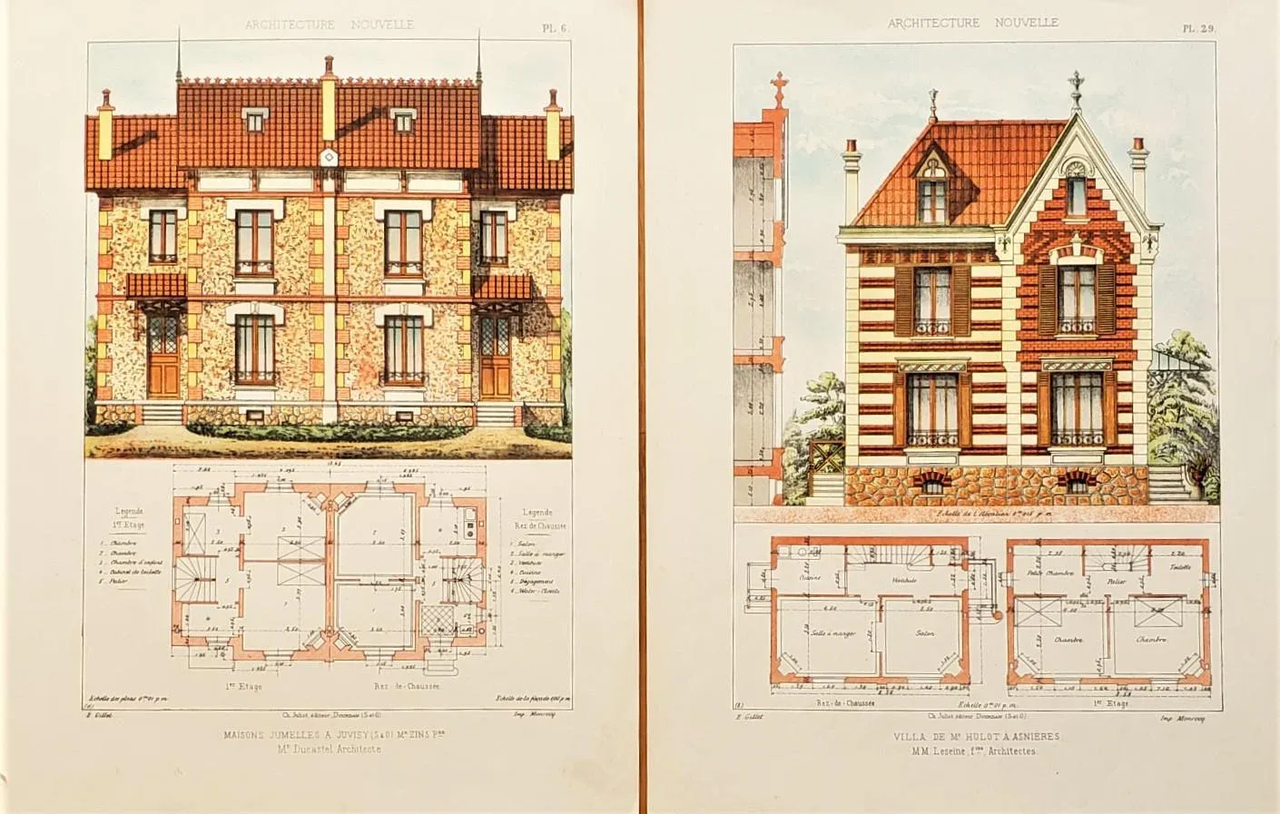 france vintage 邸宅のデッサン Pair- 1900 French Architecture Lithographs-Country Homes