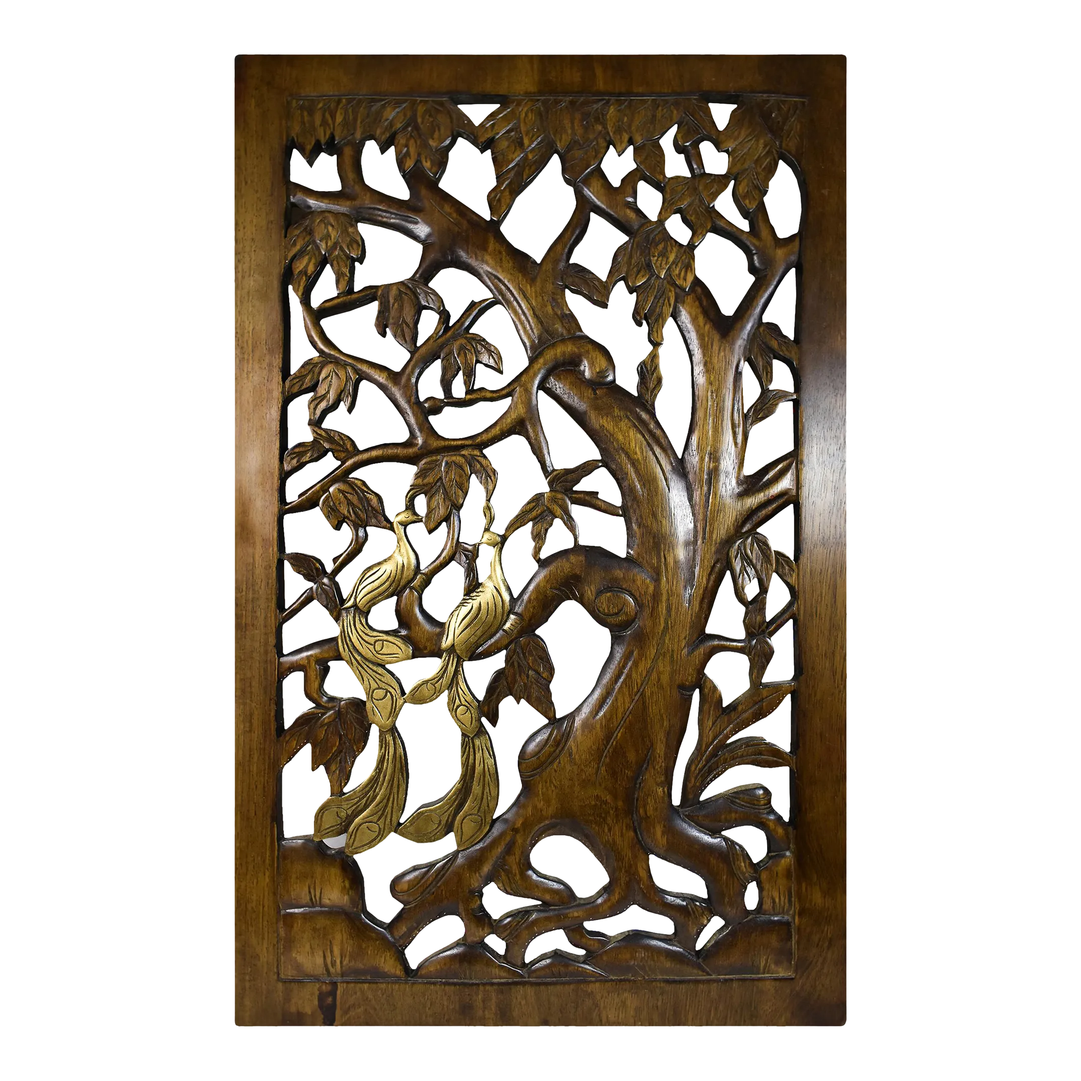 Mid 20th Century Hand Carved Large Solid Wood Pair of Peacock Birds on Tree Wall Hanging Panel Décor
