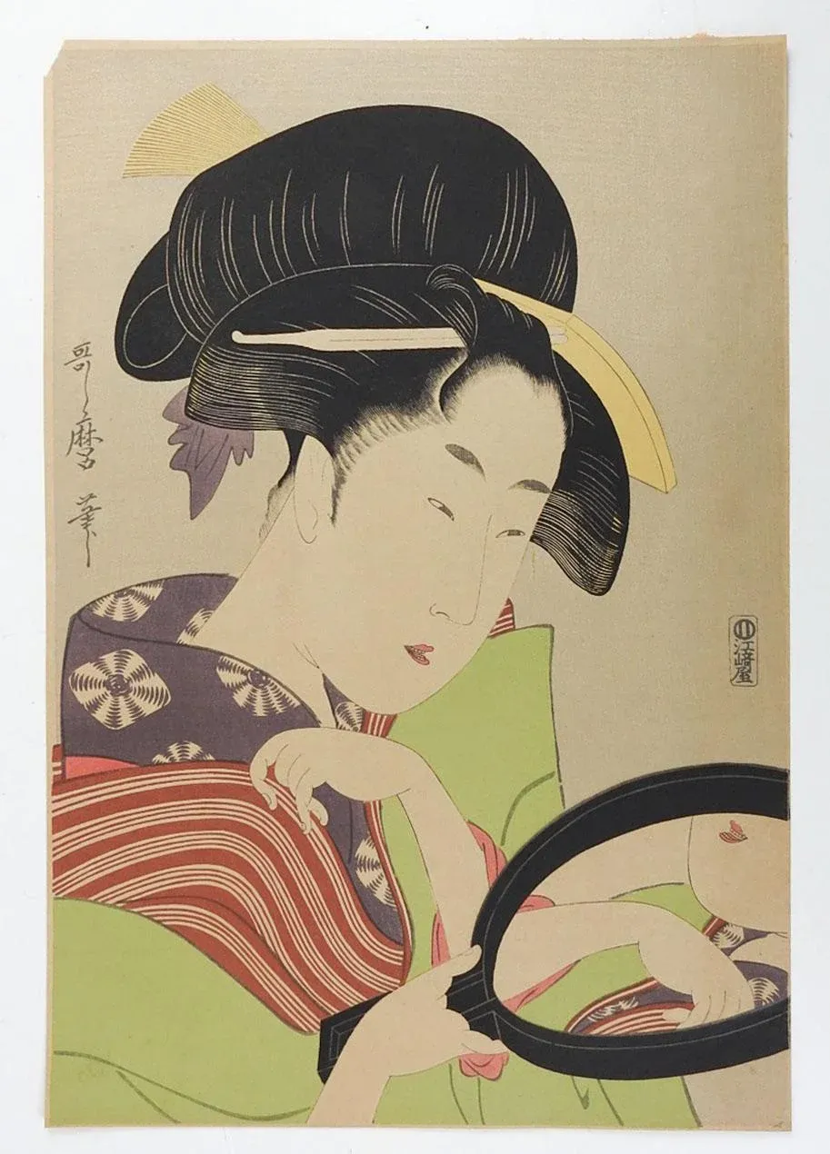 Vintage Mid Century Japanese Woodblock Geisha With Mirror Print