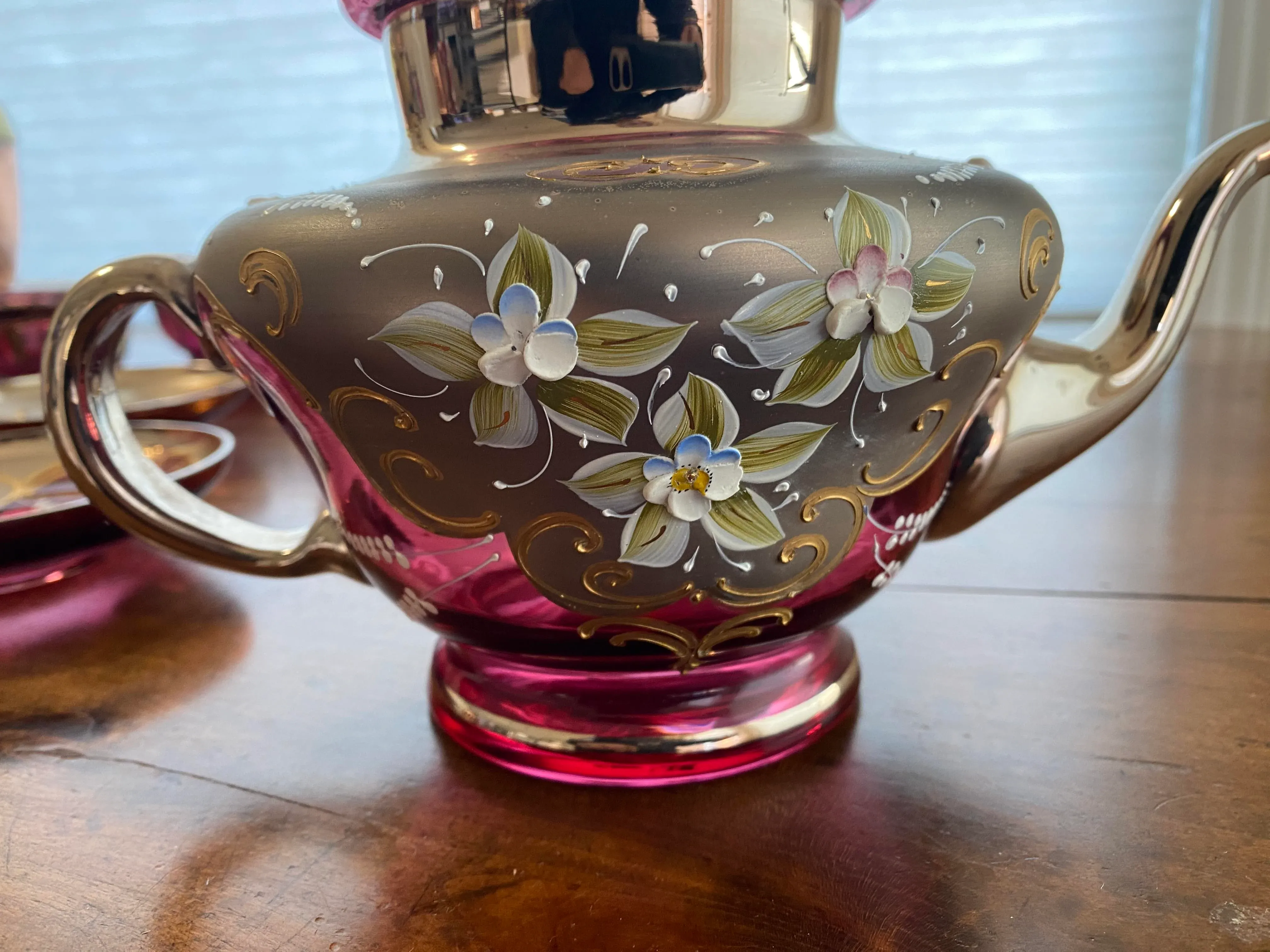 MURANO　 イタリア製 ティーセット Vintage Venetian Murano Cranberry Glass HandPainted 24k Gold
