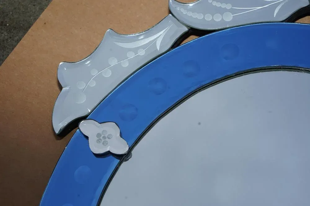 Vintage Italian Venitian Cobalt Blue Engraved Wall Mirror
