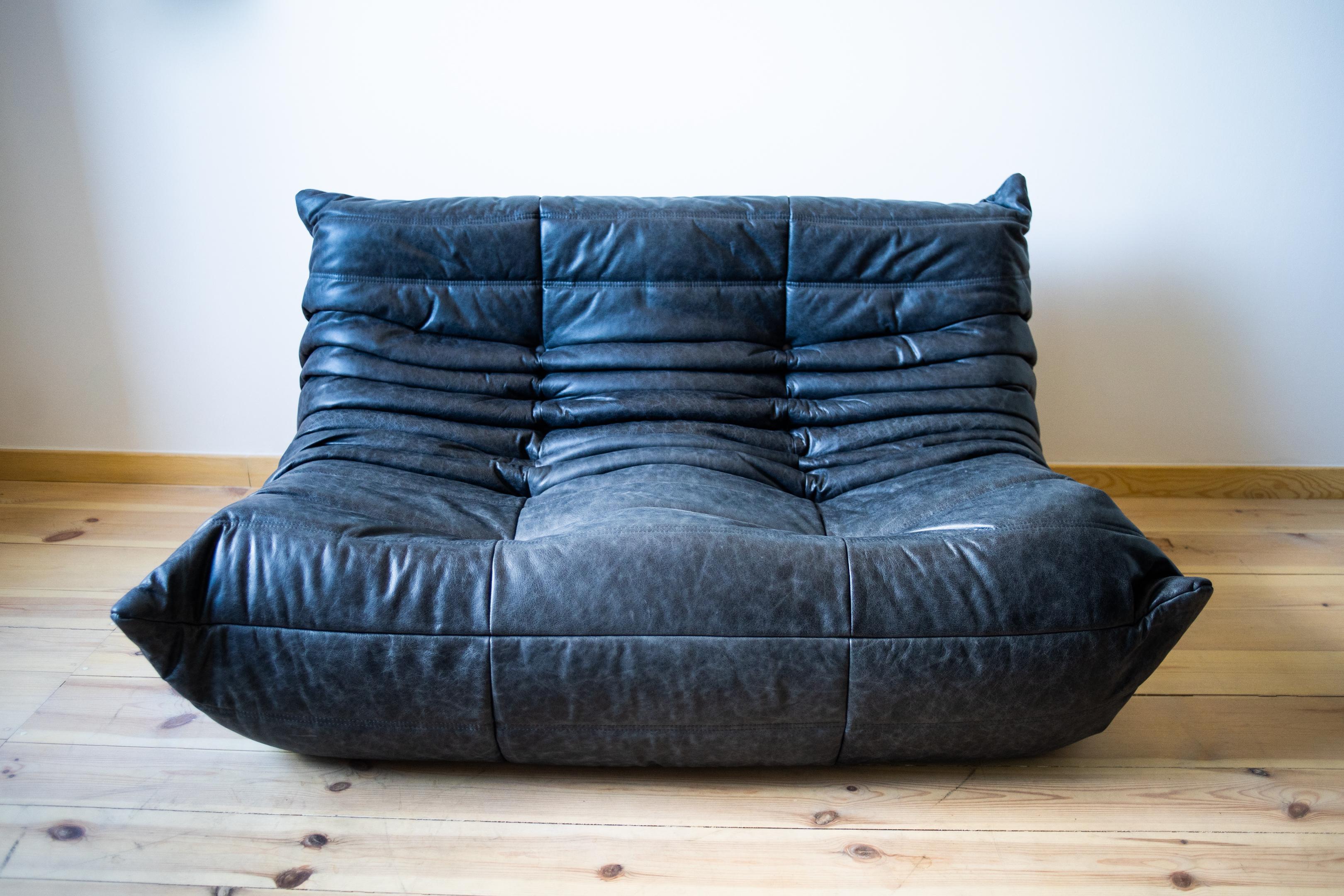 Black Leather 3-Seat Togo Sofa attributed to Michel Ducaroy for